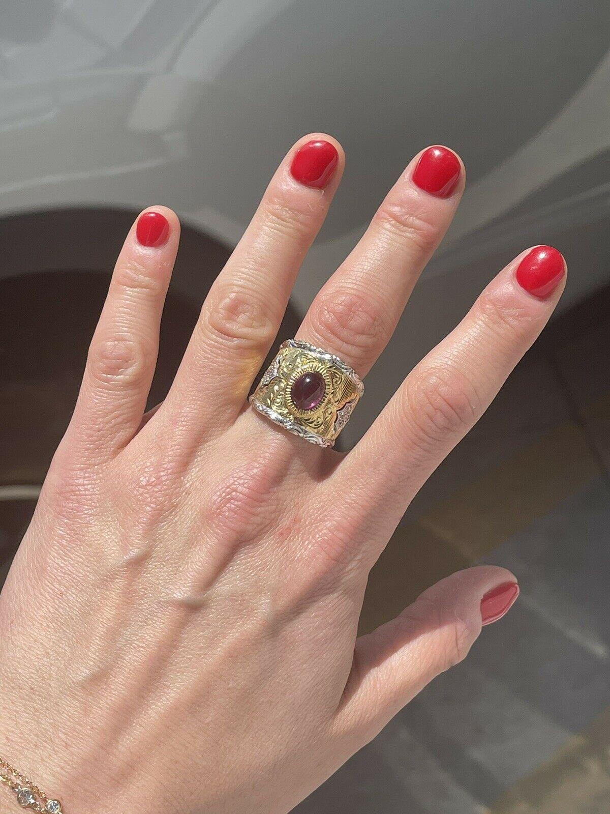 Women's or Men's Buccellati 18k Yellow & White Gold Pink Cabochon Tourmaline Diamond Ring 15.8g For Sale