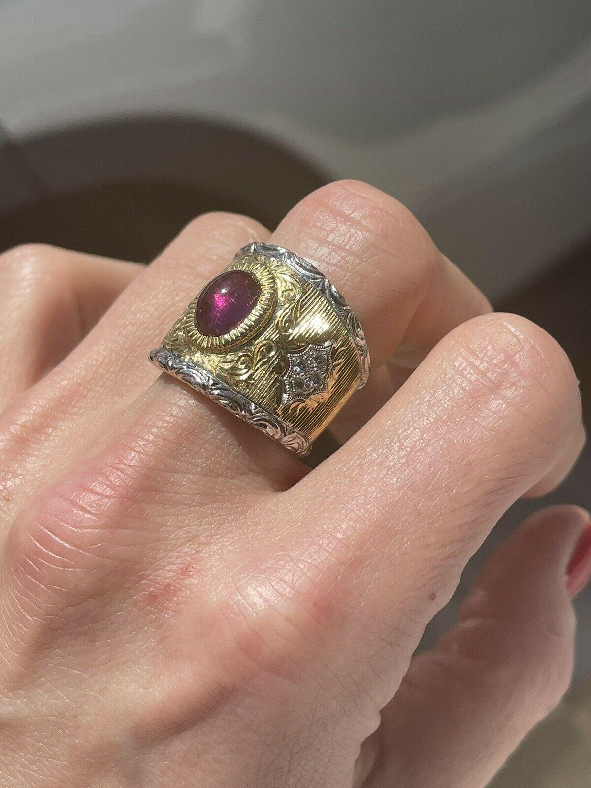 Buccellati 18k Yellow & White Gold Pink Cabochon Tourmaline Diamond Ring 15.8g For Sale 1