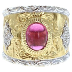 Buccellati 18k Yellow & White Gold Pink Cabochon Tourmaline Diamond Ring 15.8g