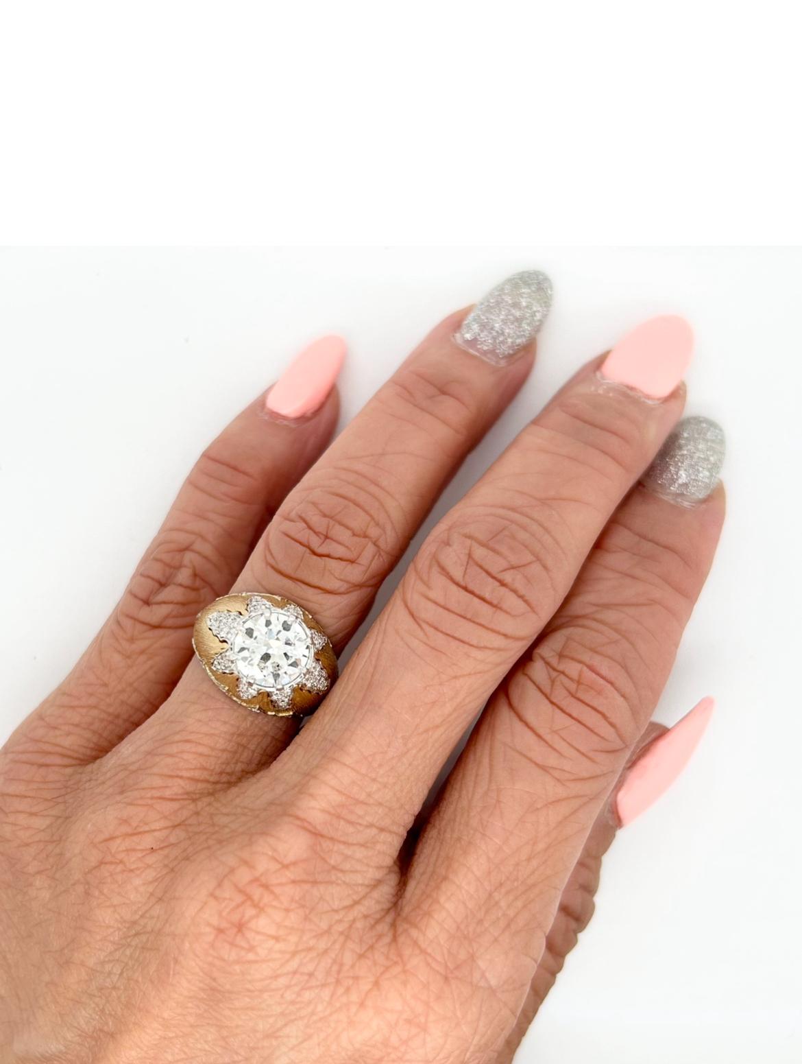 Buccellati 18k YG 2 tone diamond ring, marked M. Buccellati 750, total weight 9.2 gram, center diamond approx 1.5-1.60 carat, H/I color VS2-SI1 clarity, approx size 5