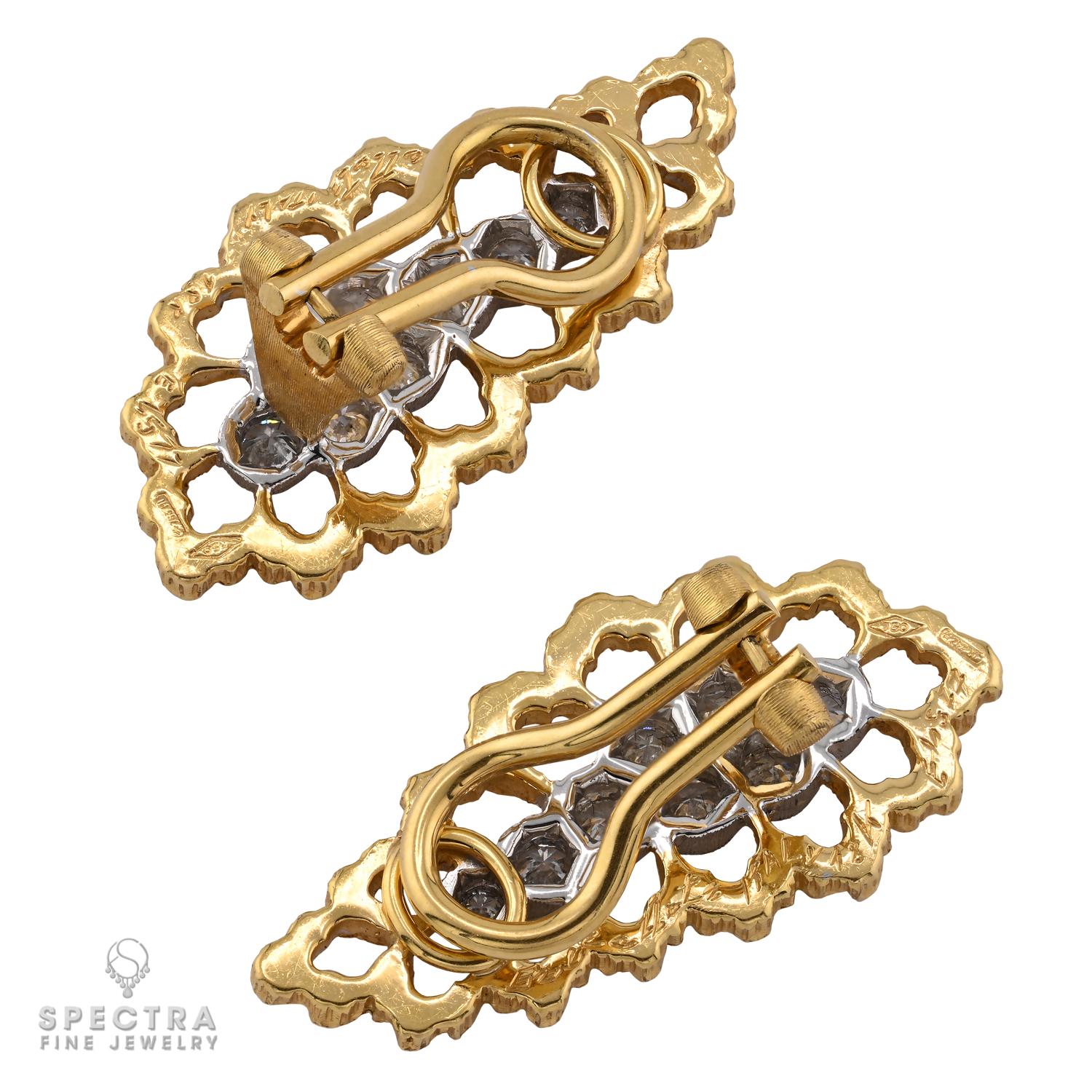 Crafted with timeless elegance, these Buccellati earrings exude sophistication and artistry. The two-tone 18K gold design beautifully frames 2.00 carats of diamonds, highlighting their sparkle with exquisite detailing. Buccellati’s renowned