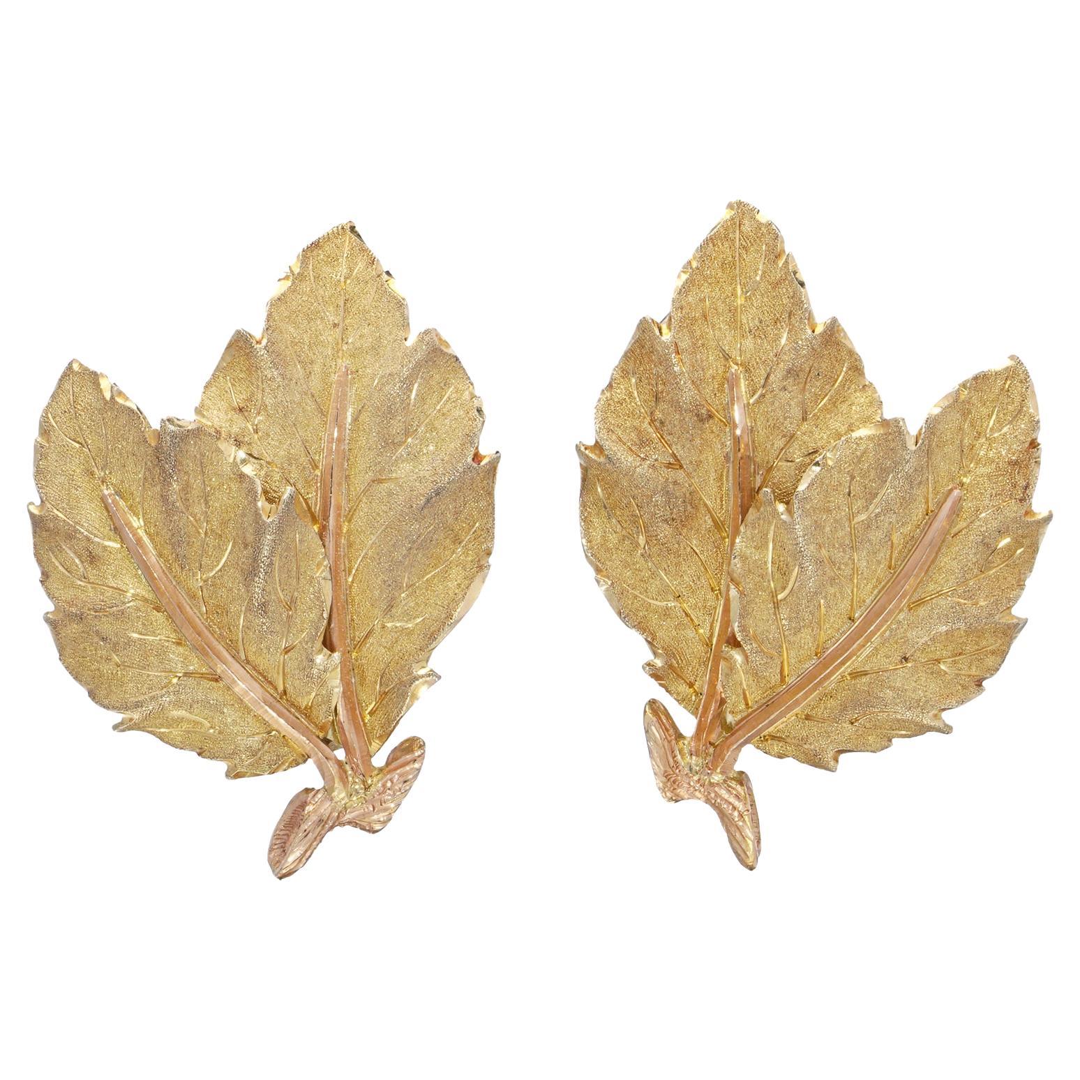 Une paire d'élégantes boucles d'oreilles à clip en or jaune 18kt de Buccellati, finement travaillées sous la forme de feuilles qui se chevauchent. Avec leurs surfaces texturées et leurs veines finement ciselées, ces boucles d'oreilles mettent en