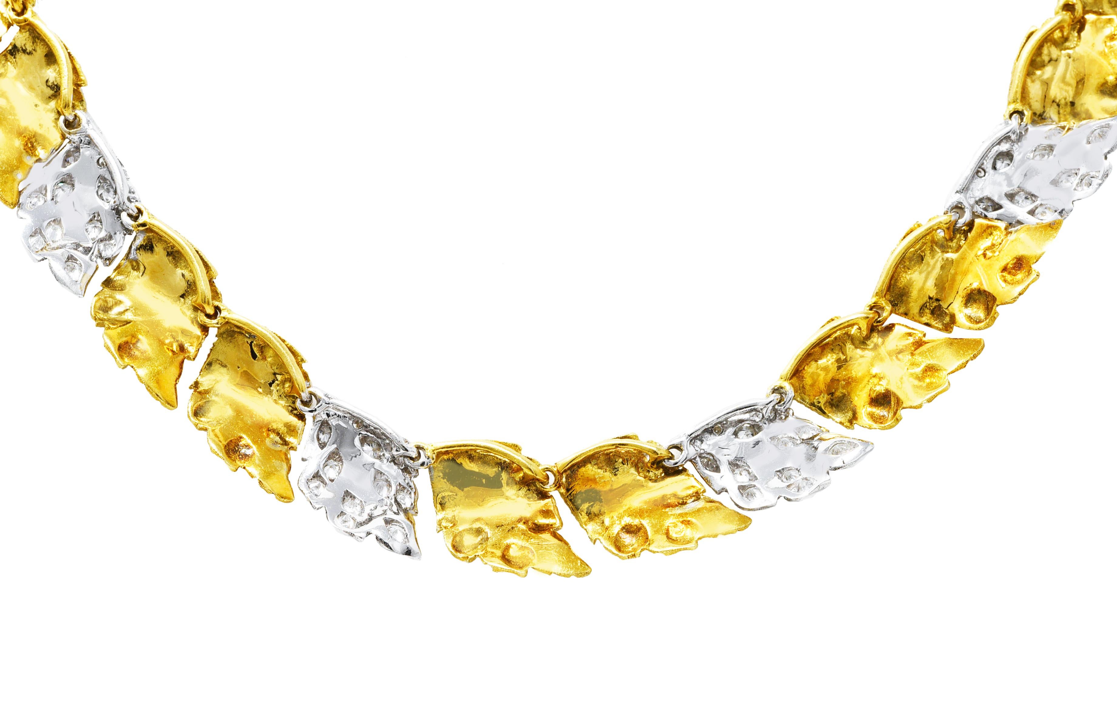 Buccellati 1950's Diamond 18 Karat Two-Tone Gold Segrinato Birch Leaf Neckace In Excellent Condition In Philadelphia, PA