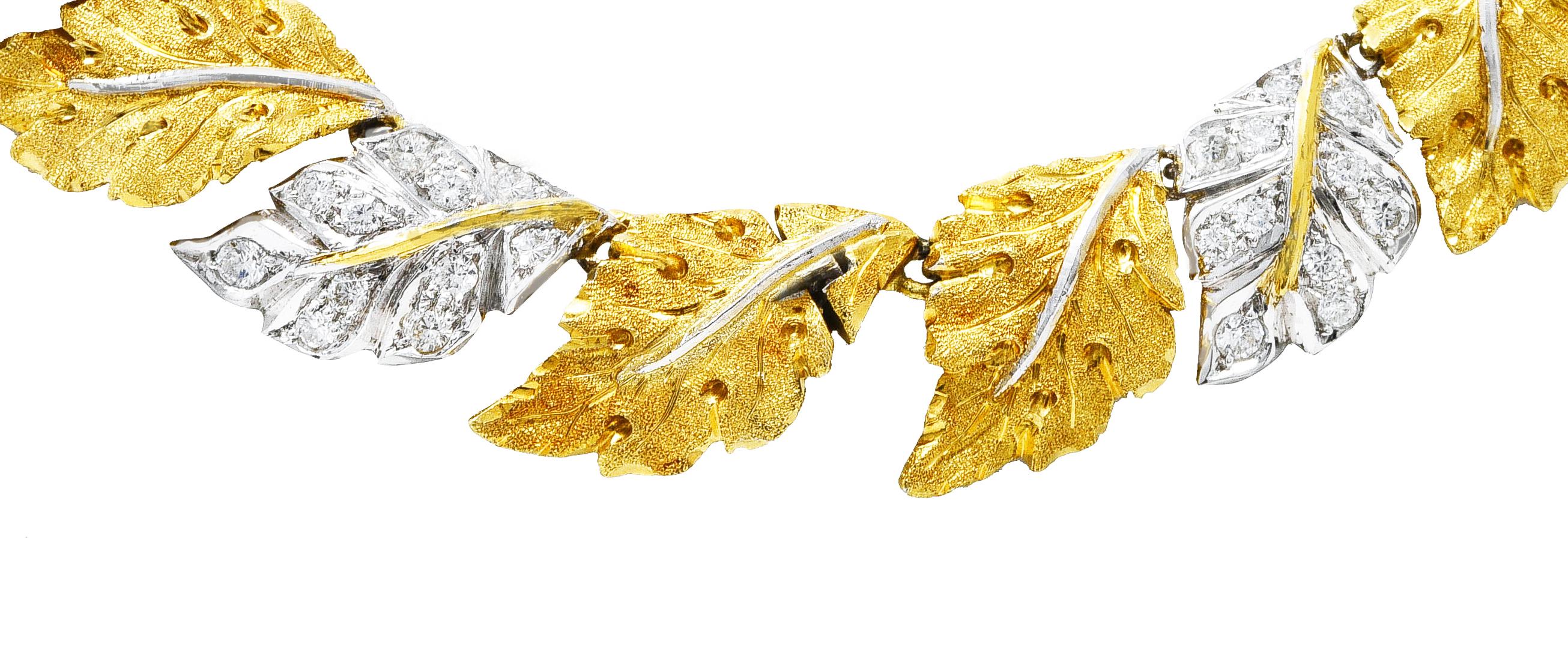 Buccellati 1950's Diamond 18 Karat Two-Tone Gold Segrinato Birch Leaf Neckace 1