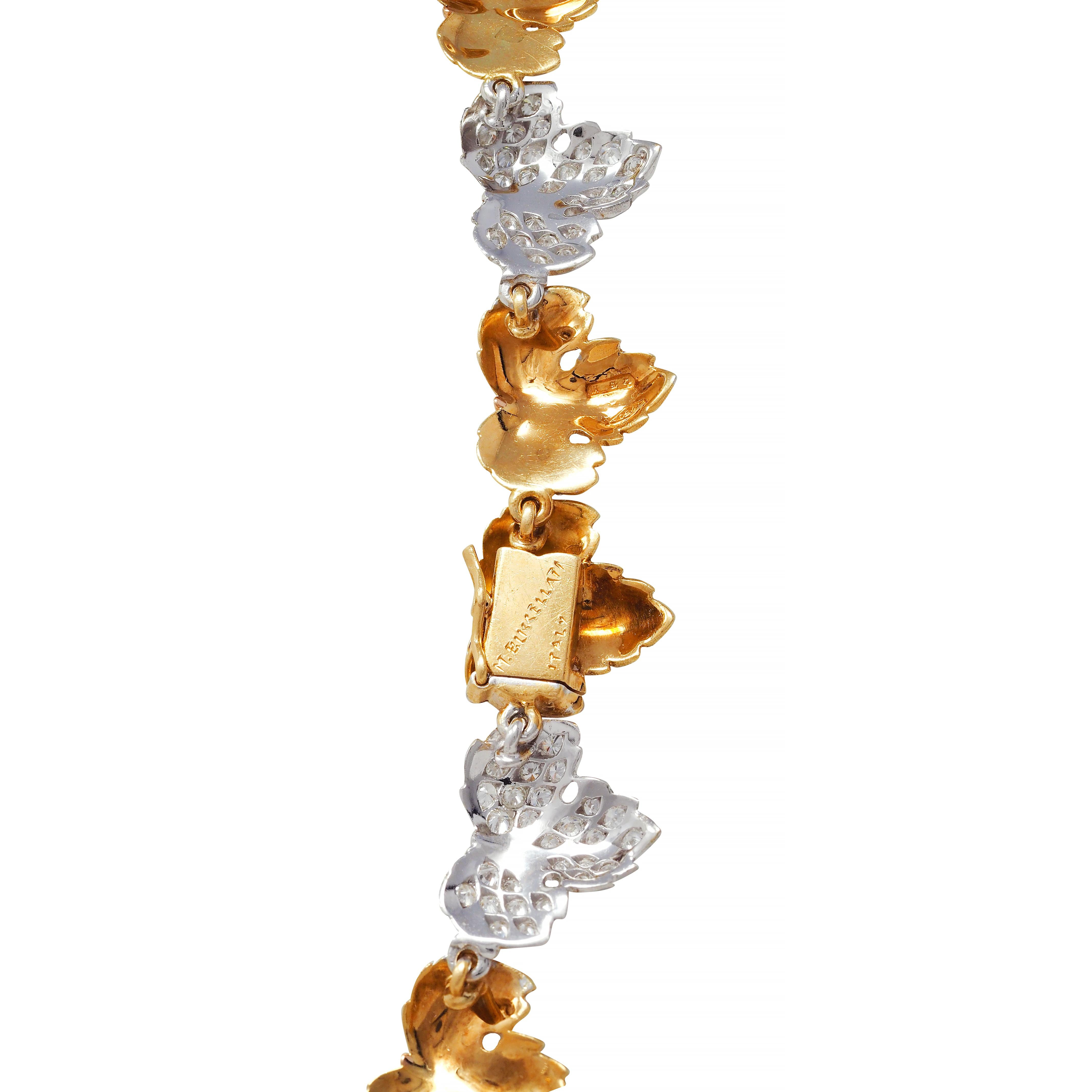 Brilliant Cut Buccellati 1950's Diamond 18 Karat Two-Tone Gold Segrinato Leaf Vintage Necklace