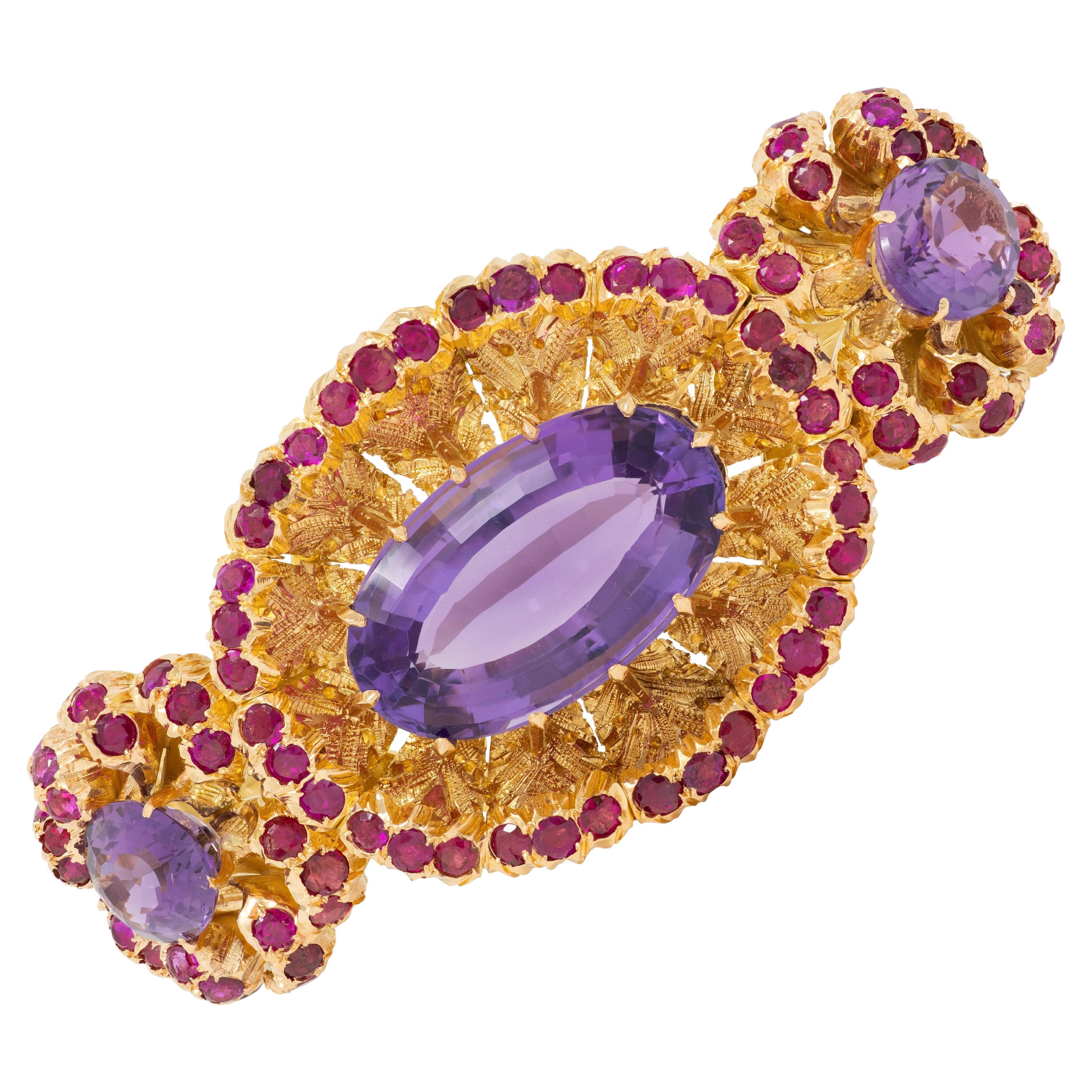 Buccellati 1960 36.79 CTW Amethyst Ruby 18K Gold Vintage Floral Bangle Bracelet For Sale