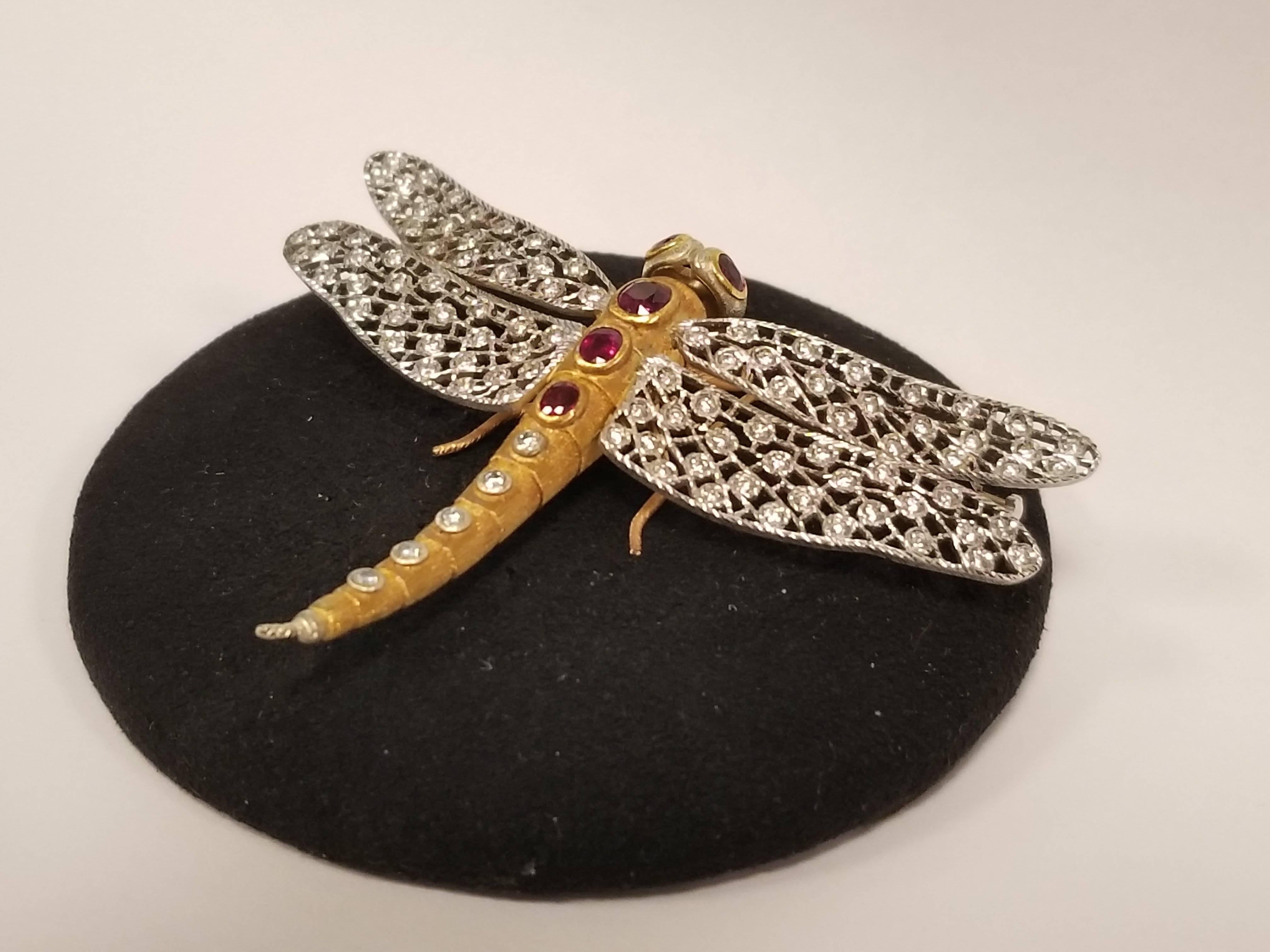 Women's Buccellati 1960s Diamond Ruby and Gold Dragonfly Brooch