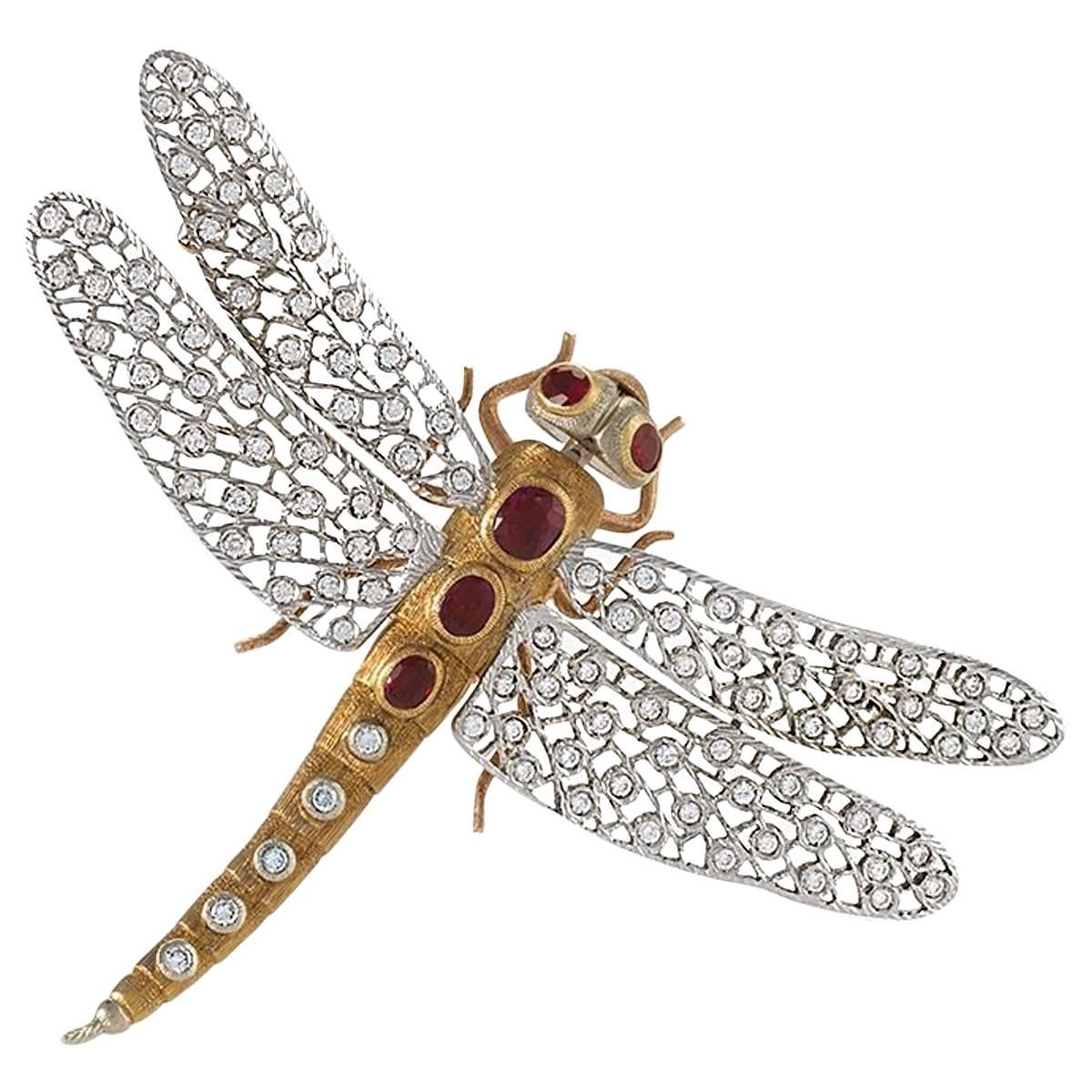 Buccellati 1960s Diamond Ruby and Gold Dragonfly Brooch