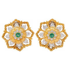 Buccellati 1960's Emerald Diamond 18 Karat Two-Tone Gold Vintage Floral Earrings
