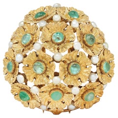 Buccellati 1960's Emerald Pearl 18 Karat Yellow Gold Vintage Flower Brooch