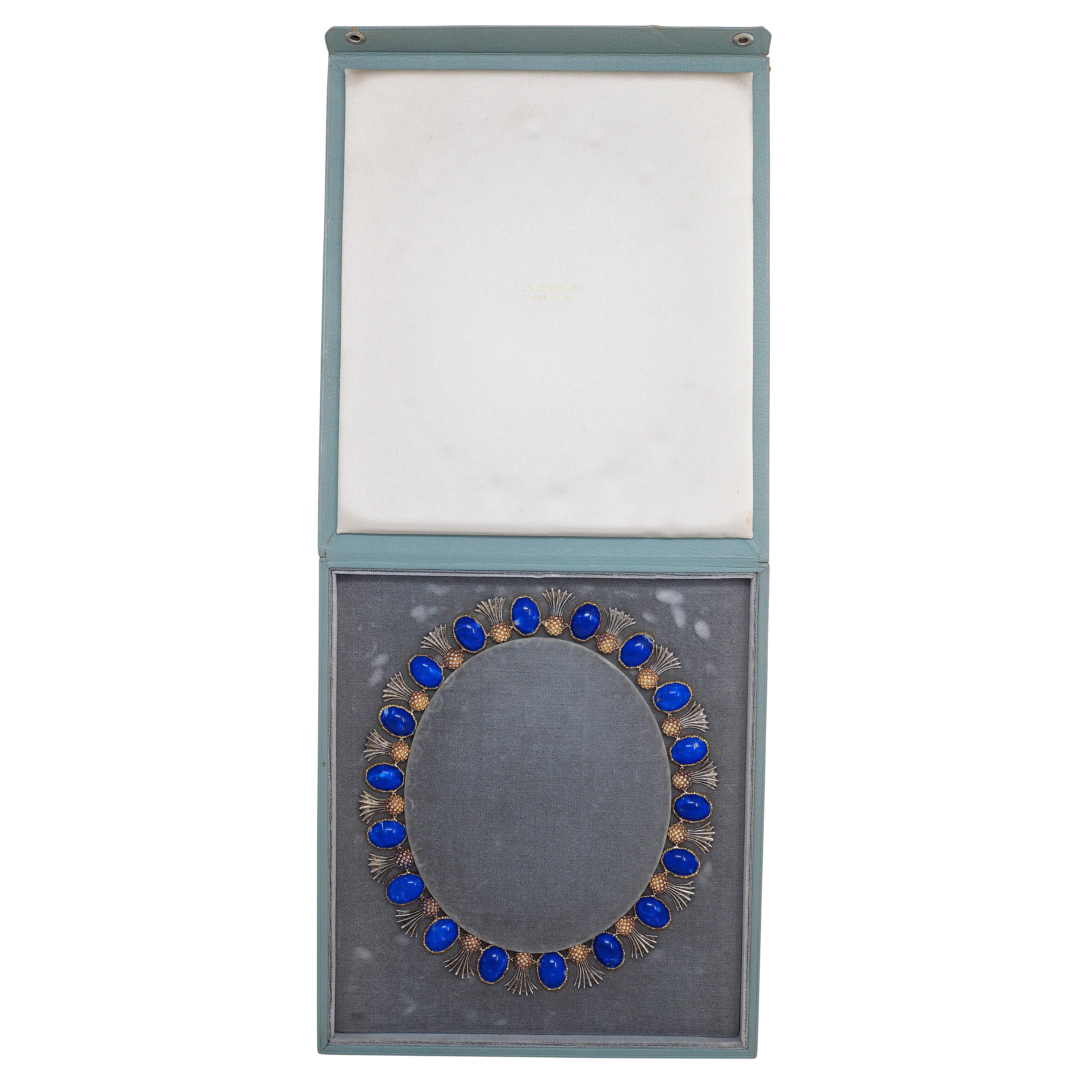 Cabochon Buccellati 1960's Lapis Lazuli 18K Gold Silver Vintage Pineapple Fringe Necklace For Sale