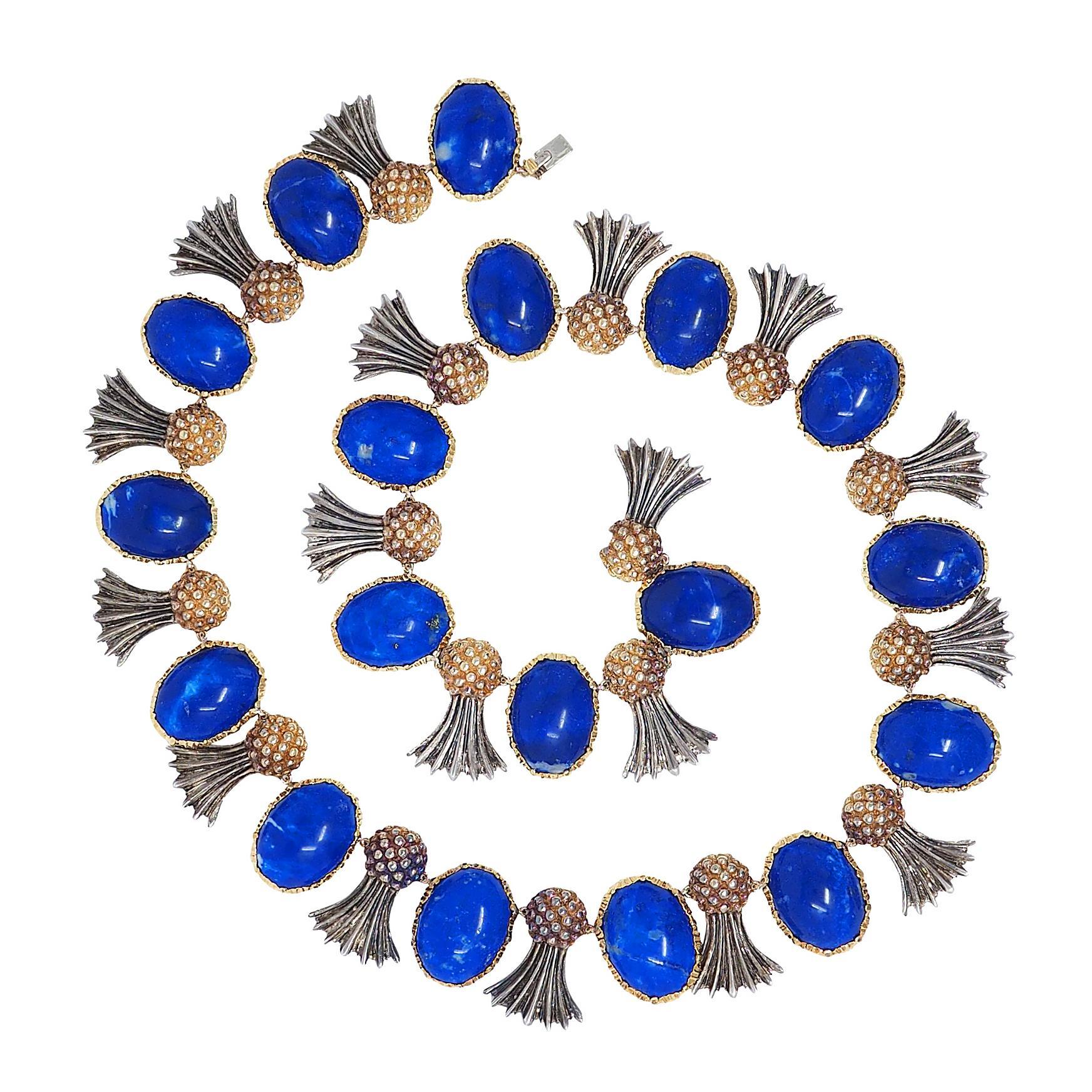 Buccellati 1960's Lapis Lazuli 18K Gold Silver Vintage Pineapple Fringe Necklace In Excellent Condition For Sale In Philadelphia, PA