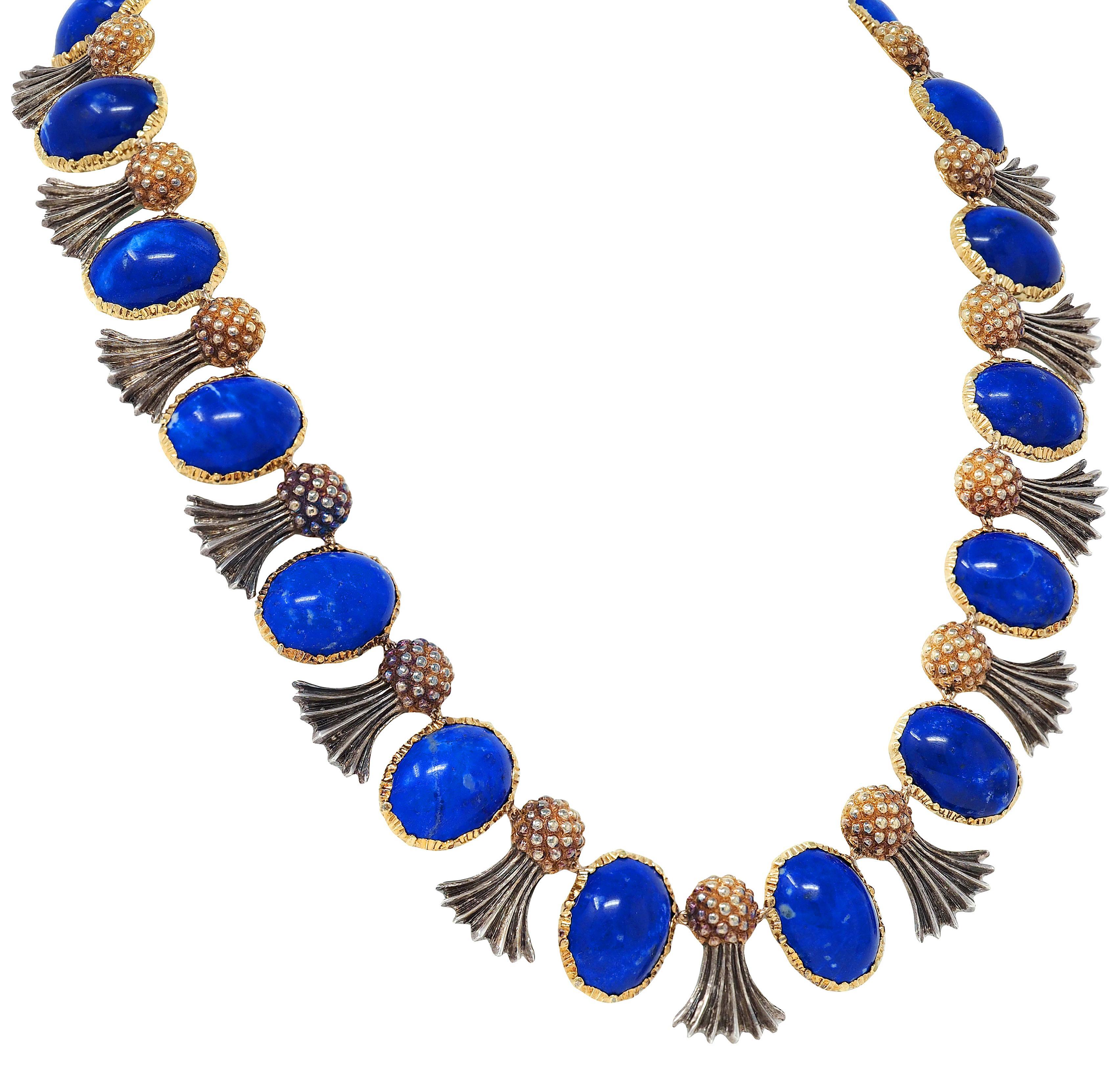 Women's Buccellati 1960's Lapis Lazuli 18K Gold Silver Vintage Pineapple Fringe Necklace For Sale