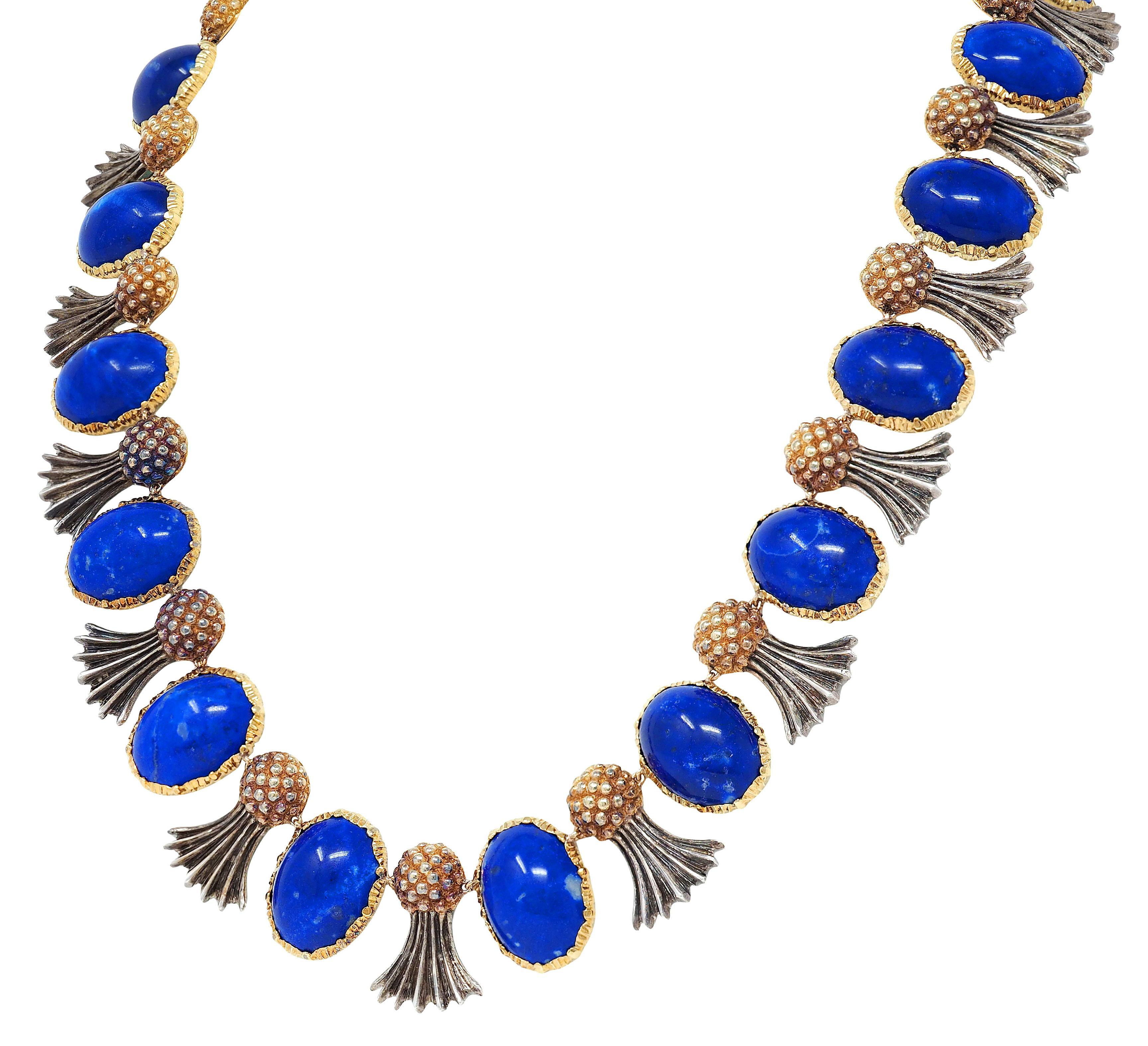 Buccellati 1960's Lapis Lazuli 18K Gold Silver Vintage Pineapple Fringe Necklace For Sale 2