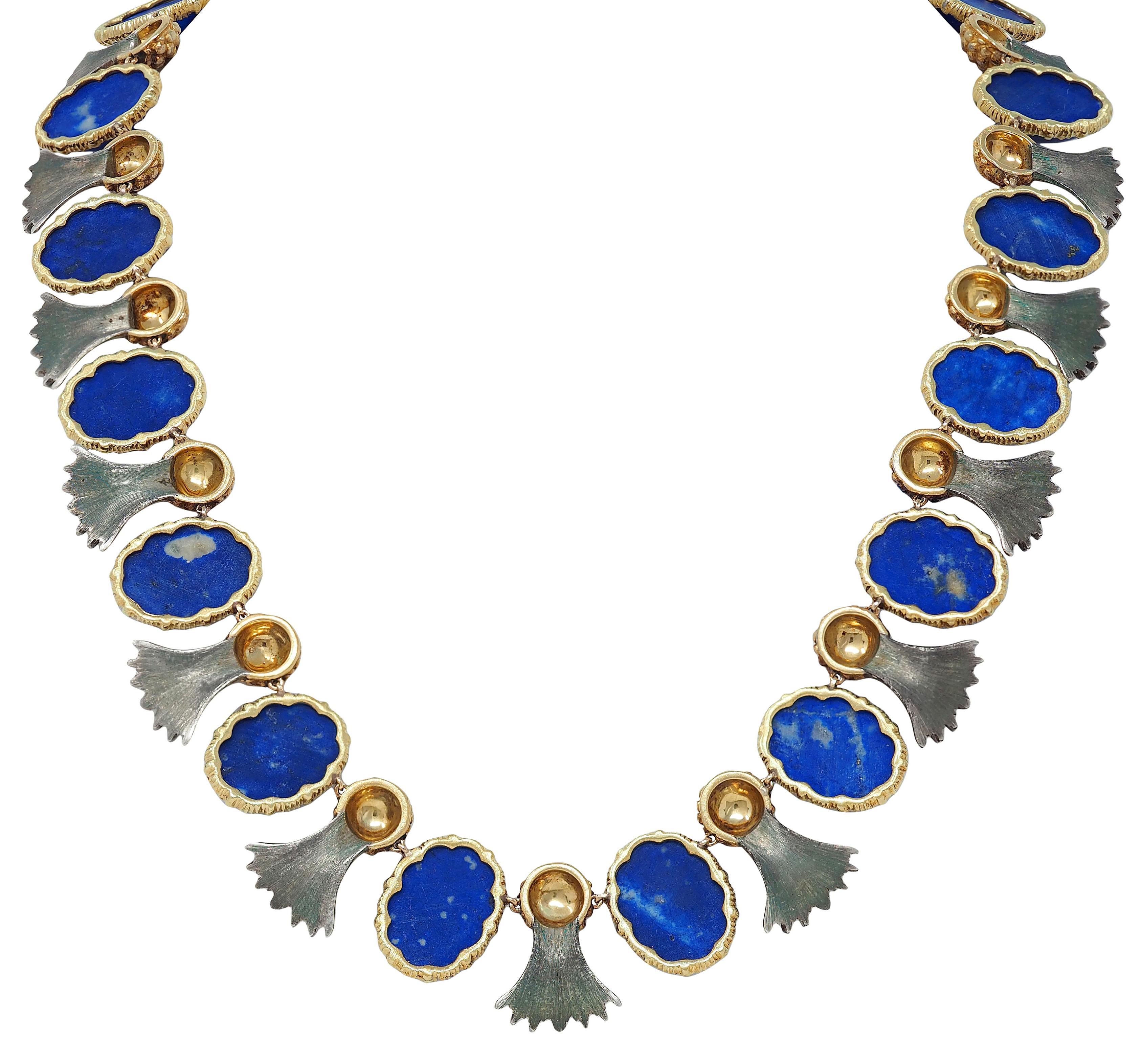Buccellati 1960's Lapis Lazuli 18K Gold Silver Vintage Pineapple Fringe Necklace For Sale 3