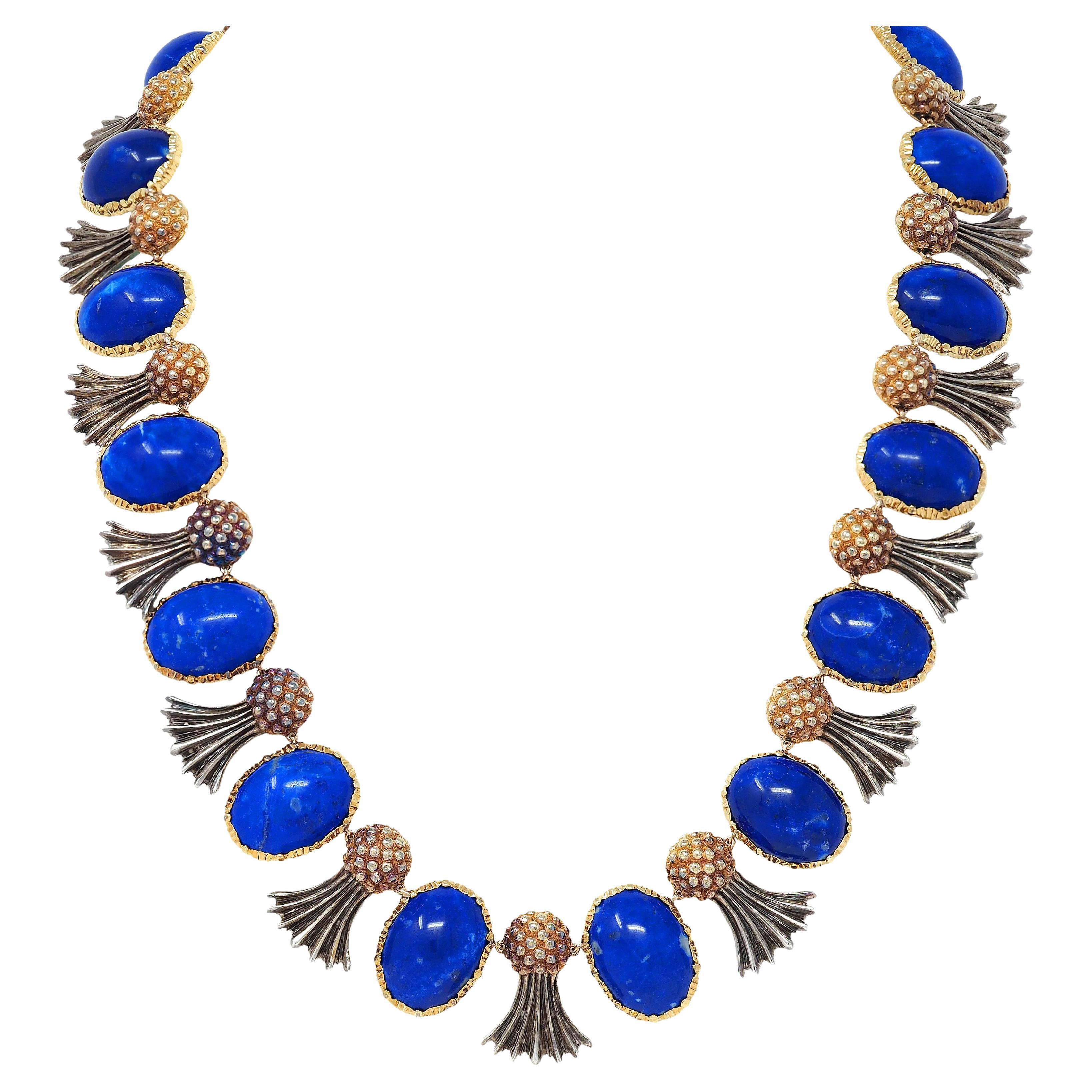 Buccellati 1960's Lapis Lazuli 18K Gold Silver Vintage Pineapple Fringe Necklace For Sale