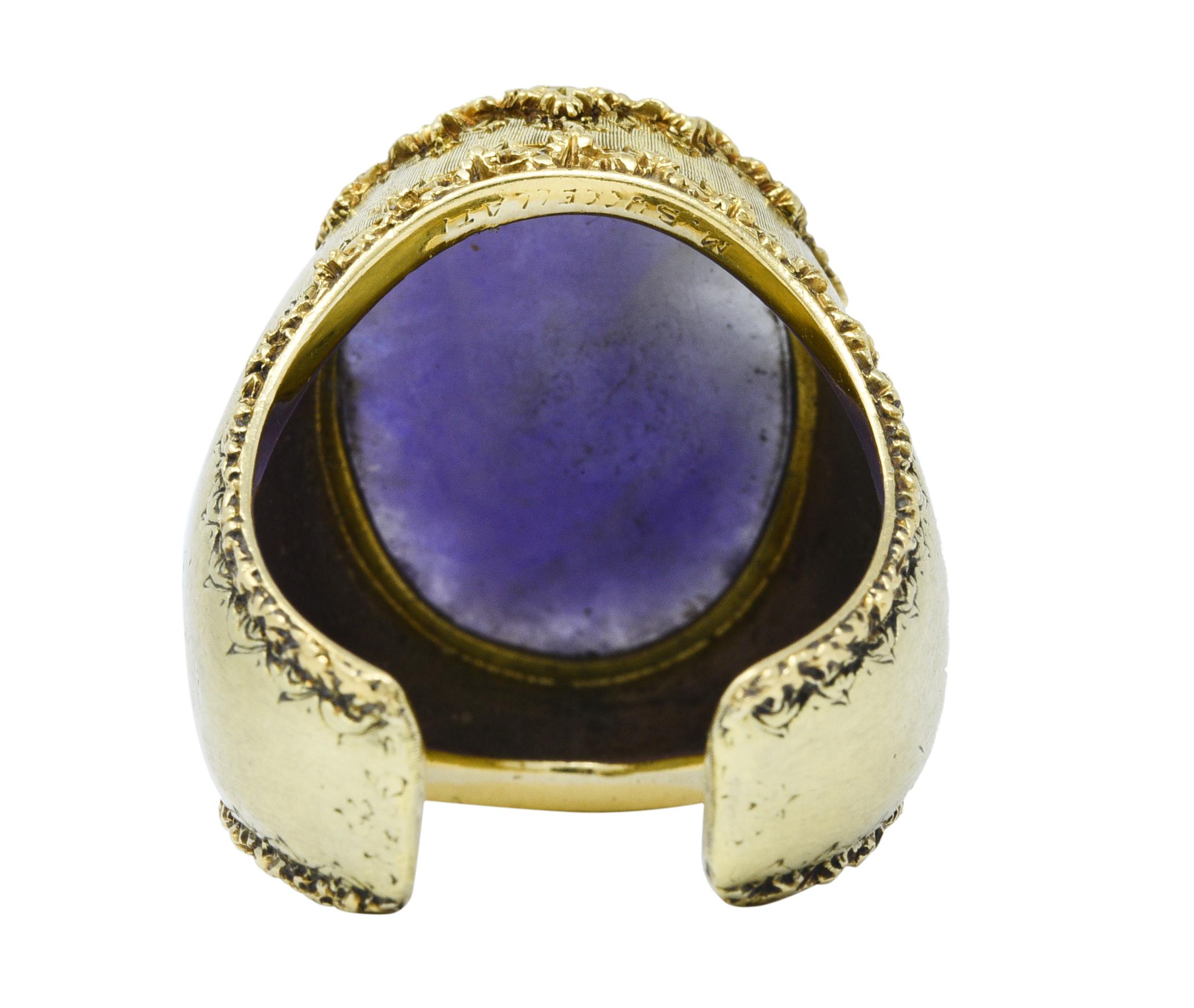 Oval Cut Buccellati 1960's Vintage Lavender Jade 18 Karat Gold Serpent Dragon Cameo Ring