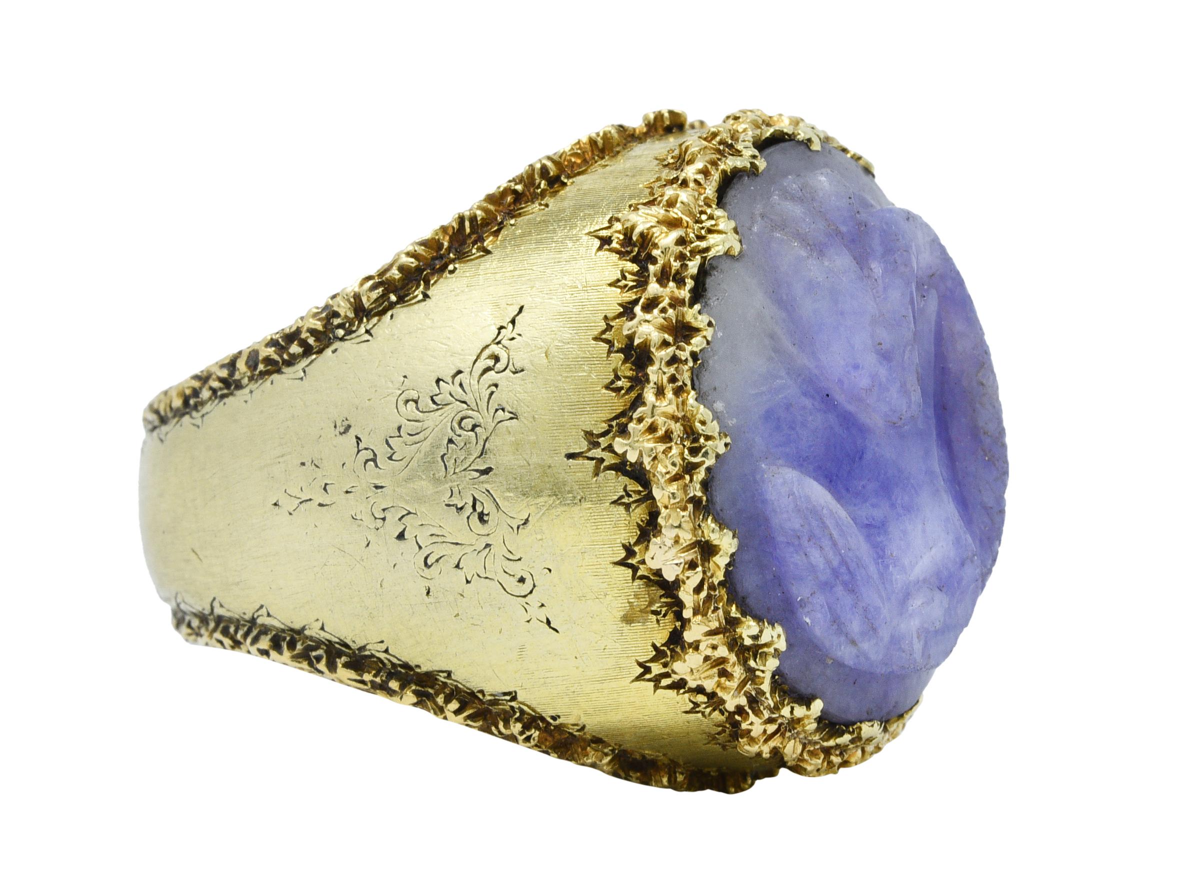 Buccellati 1960's Vintage Lavender Jade 18 Karat Gold Serpent Dragon Cameo Ring 1