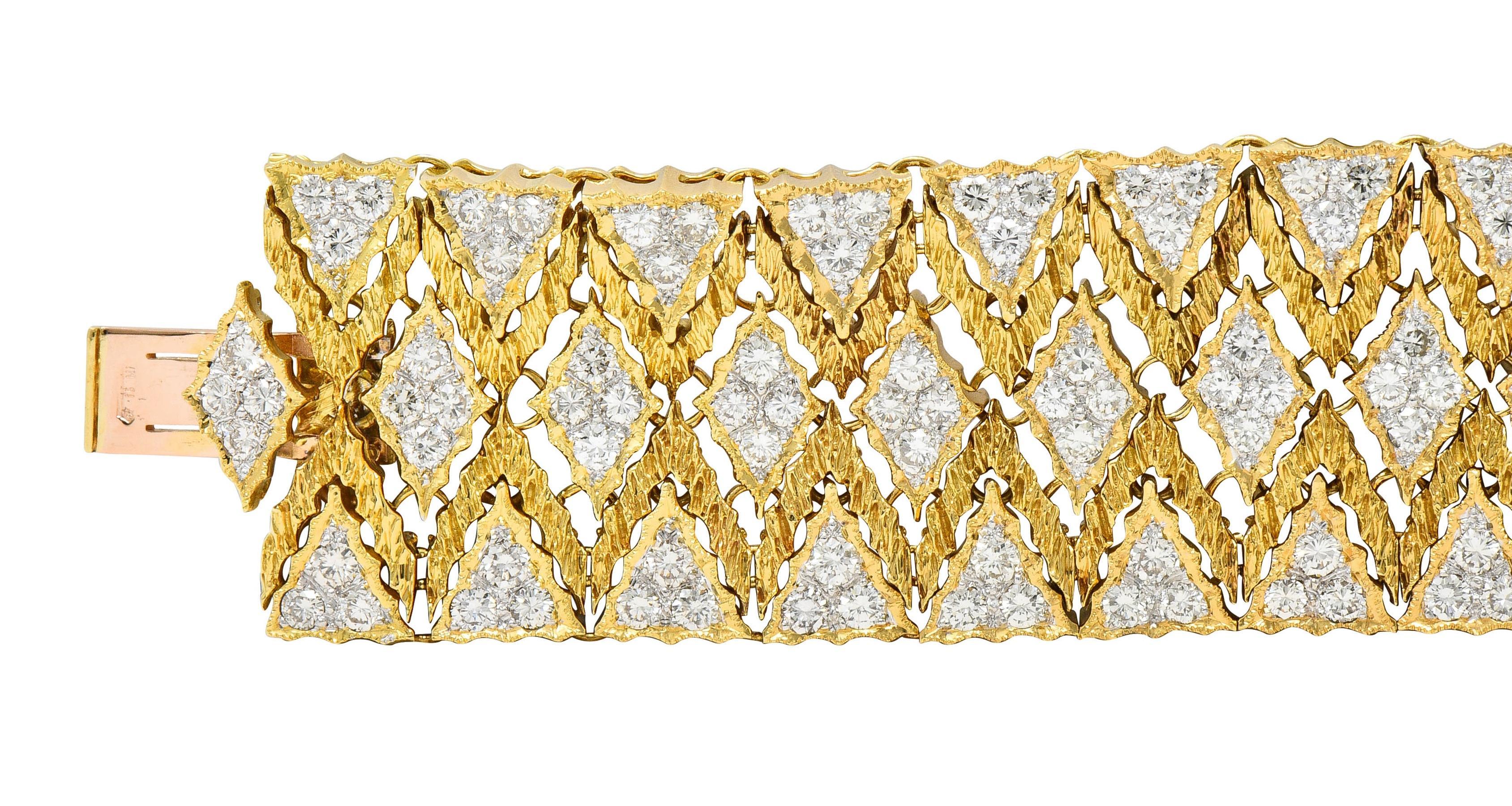 Women's or Men's Buccellati 1970s 9.15 CTW Diamond 18 Karat Yellow Gold Textured Mesh Bracelet For Sale
