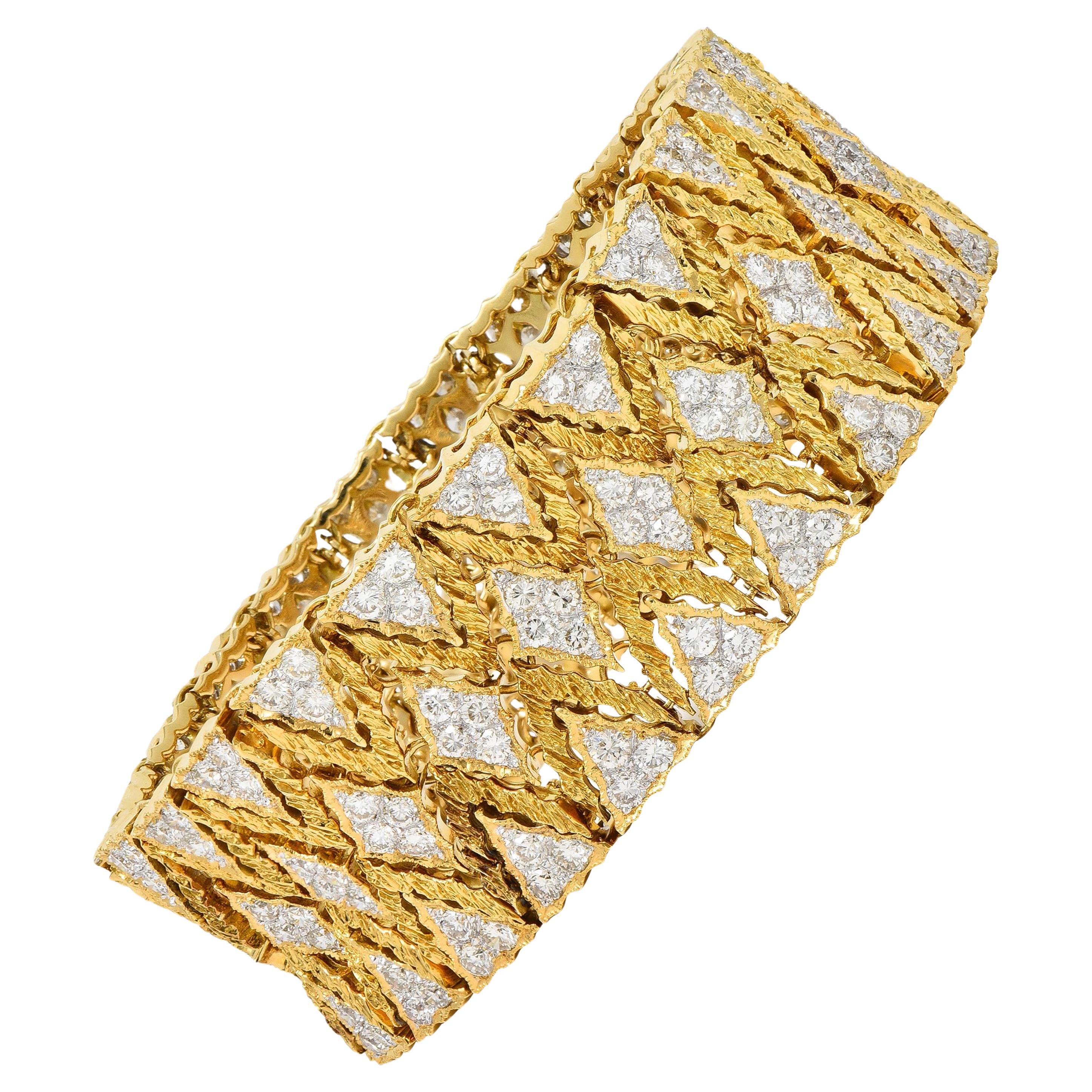 Buccellati 1970s 9.15 CTW Diamond 18 Karat Yellow Gold Textured Mesh Bracelet For Sale