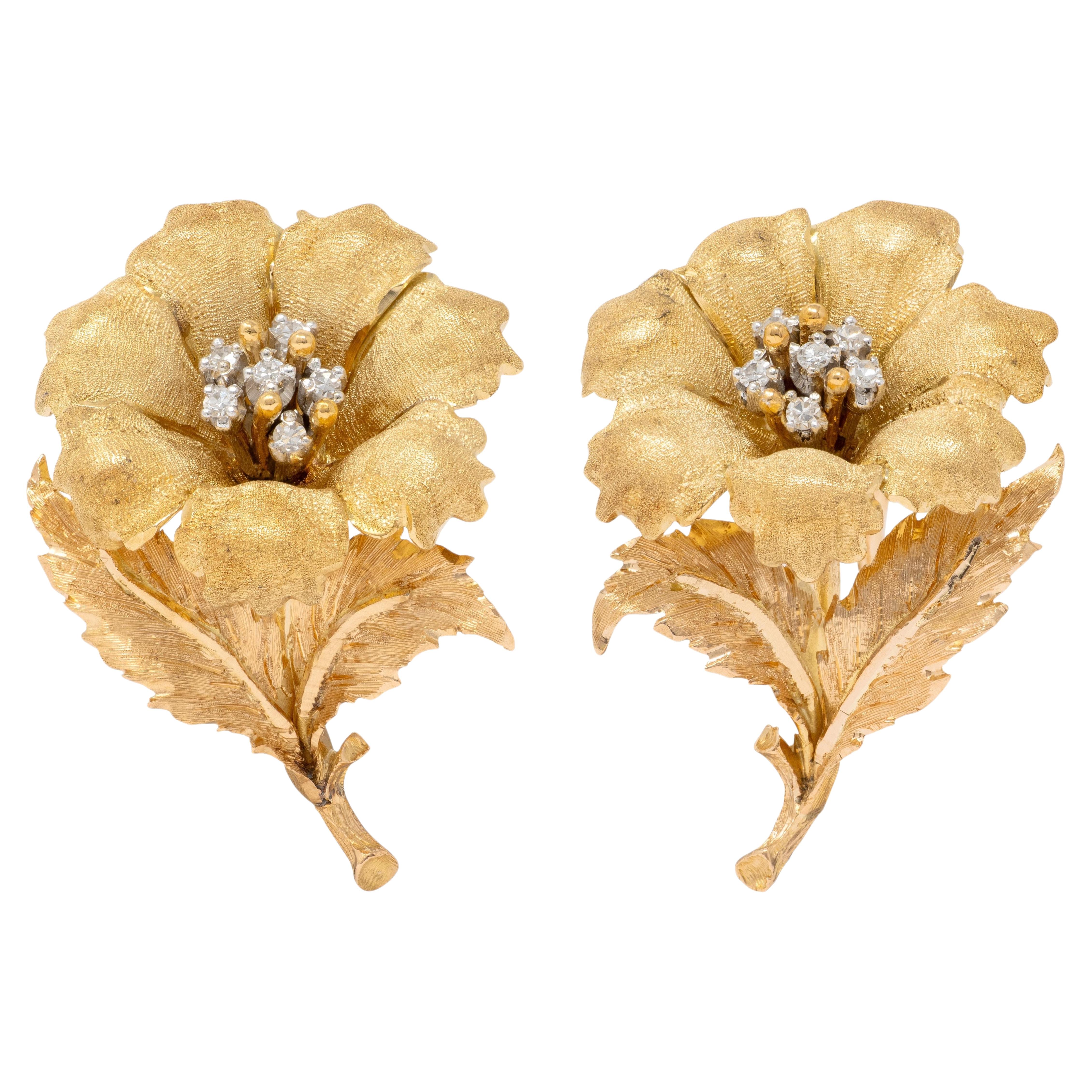 Buccellati 1970's Diamond 18K Tri-Colored Gold Vintage Flower Ear-Clip Earrings