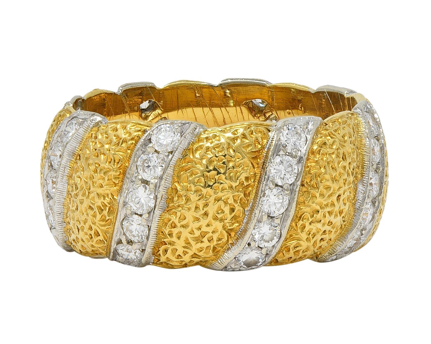 Buccellati 1980's 1.20 CTW Diamond 18K Gold Eternelle Textured Vintage Band Ring For Sale