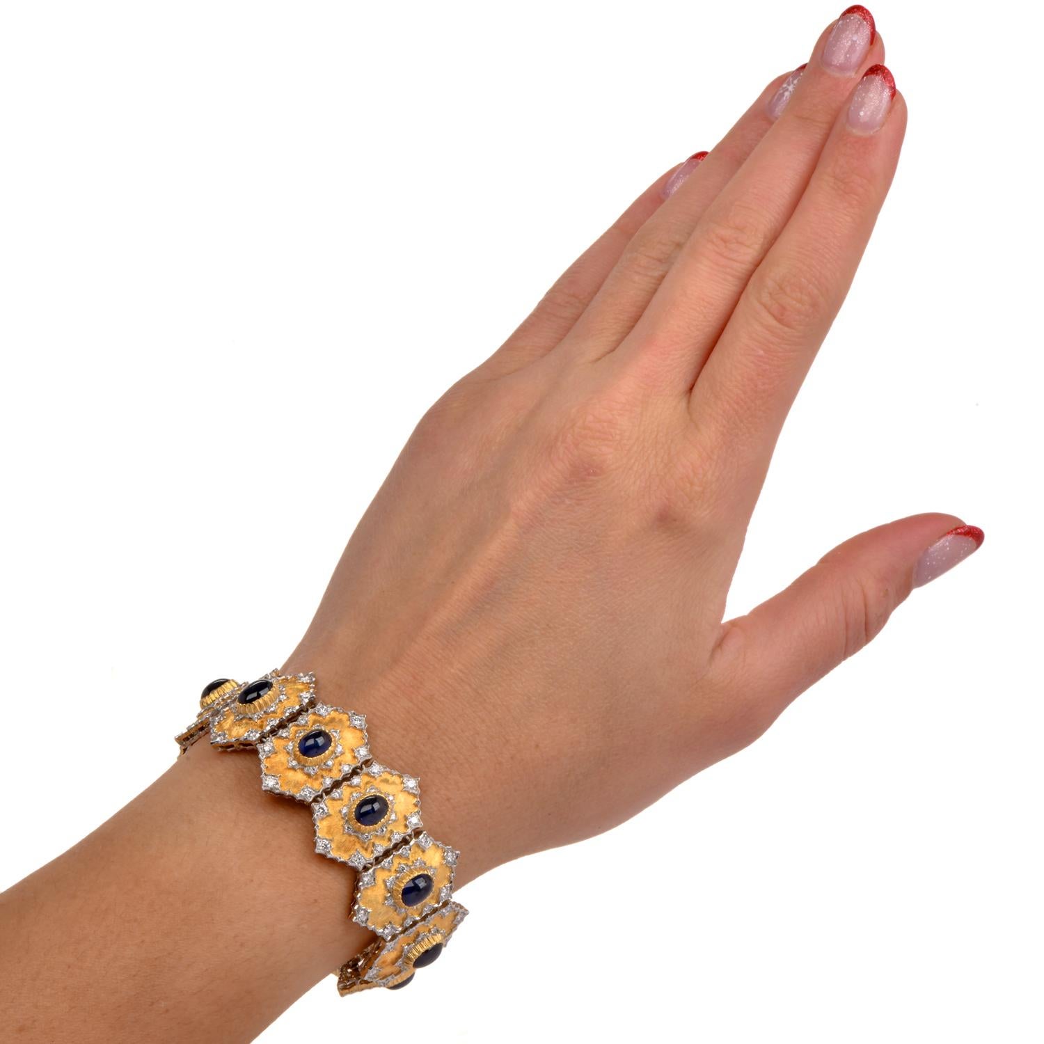 Retro Buccellati 1980s Gold Diamond Sapphire Hexagon Bracelet For Sale