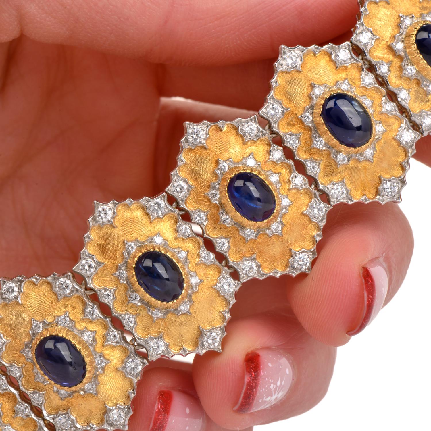 Cabochon Buccellati 1980s Gold Diamond Sapphire Hexagon Bracelet For Sale