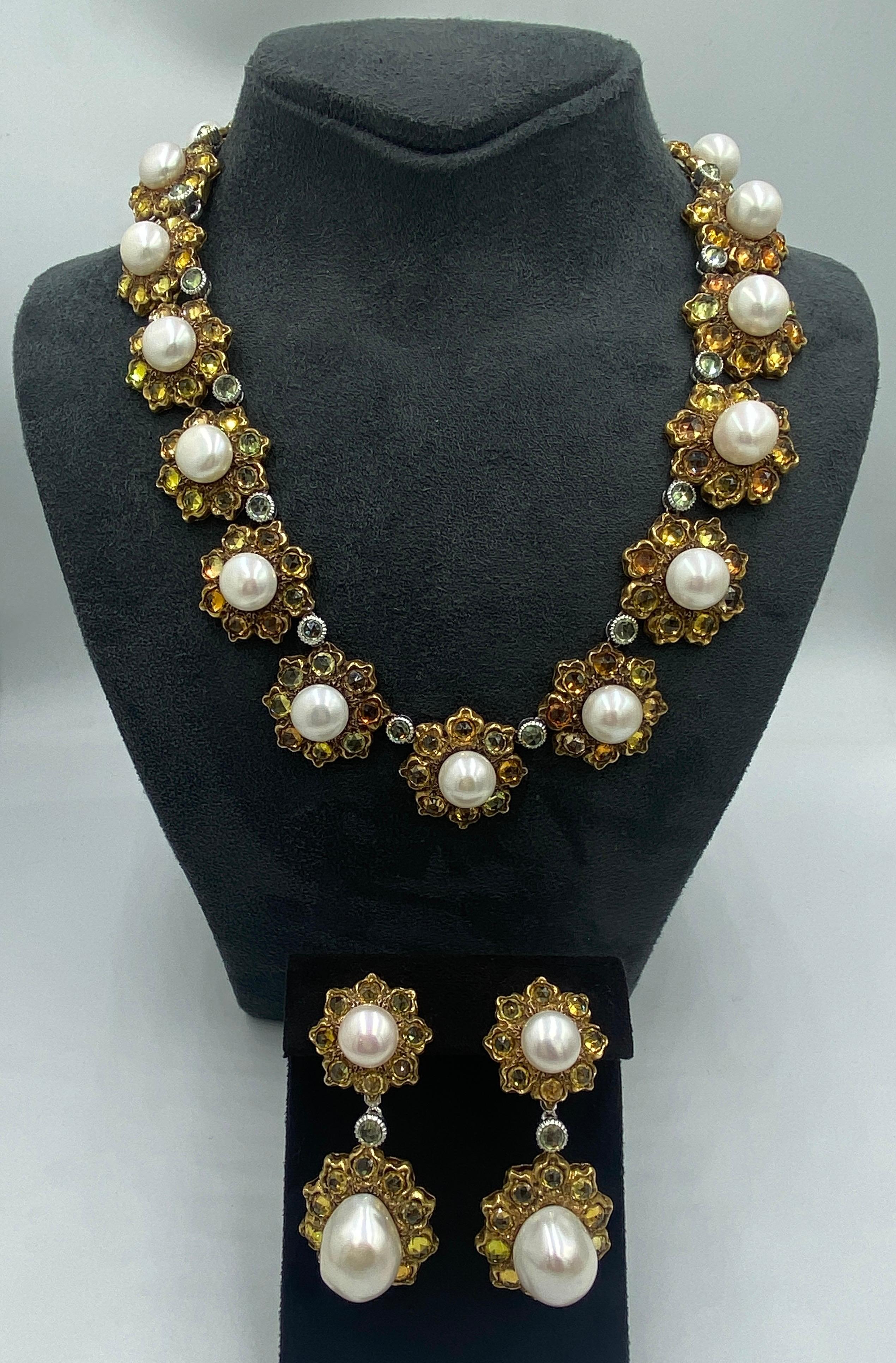 Rose Cut Buccellati 1980s pearl and yellow sapphire earrings