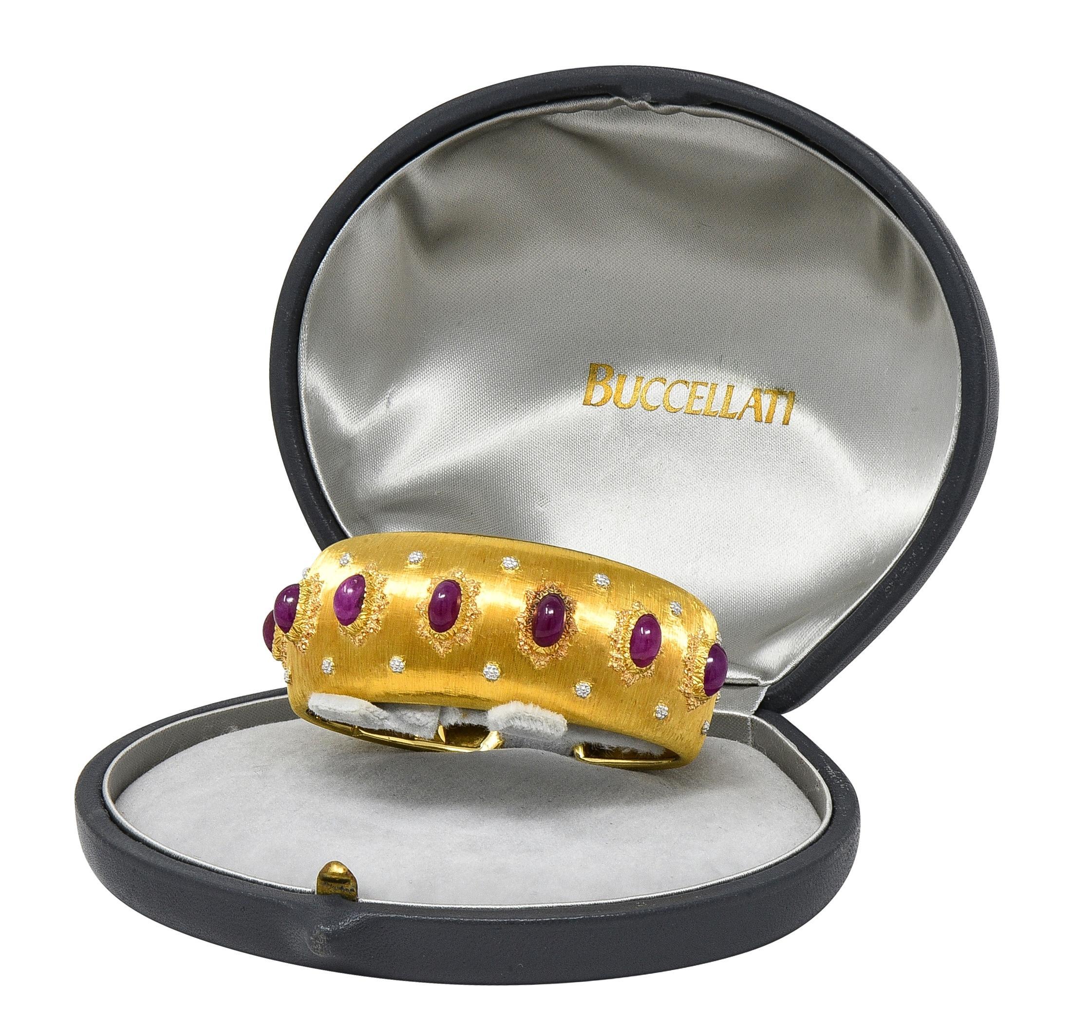 Modern Buccellati 1980's Ruby 11.20 CTW 18K Two-Tone Gold Vintage Macri Cuff Bracelet For Sale