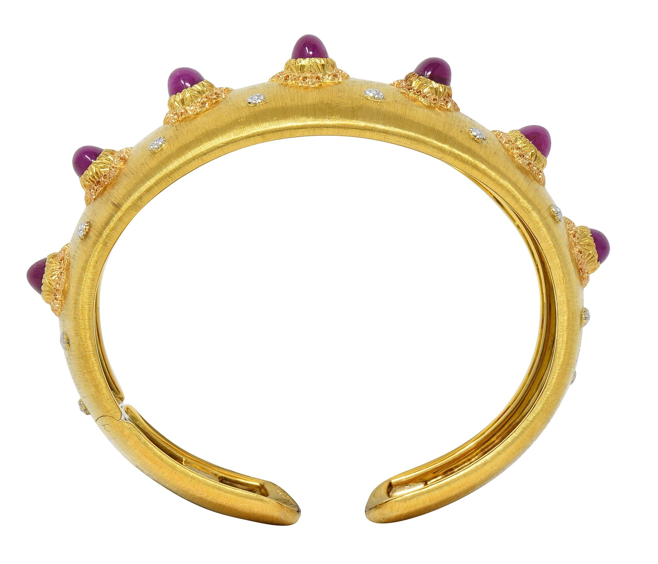 Cabochon Buccellati 1980's Ruby 11.20 CTW 18K Two-Tone Gold Vintage Macri Cuff Bracelet For Sale