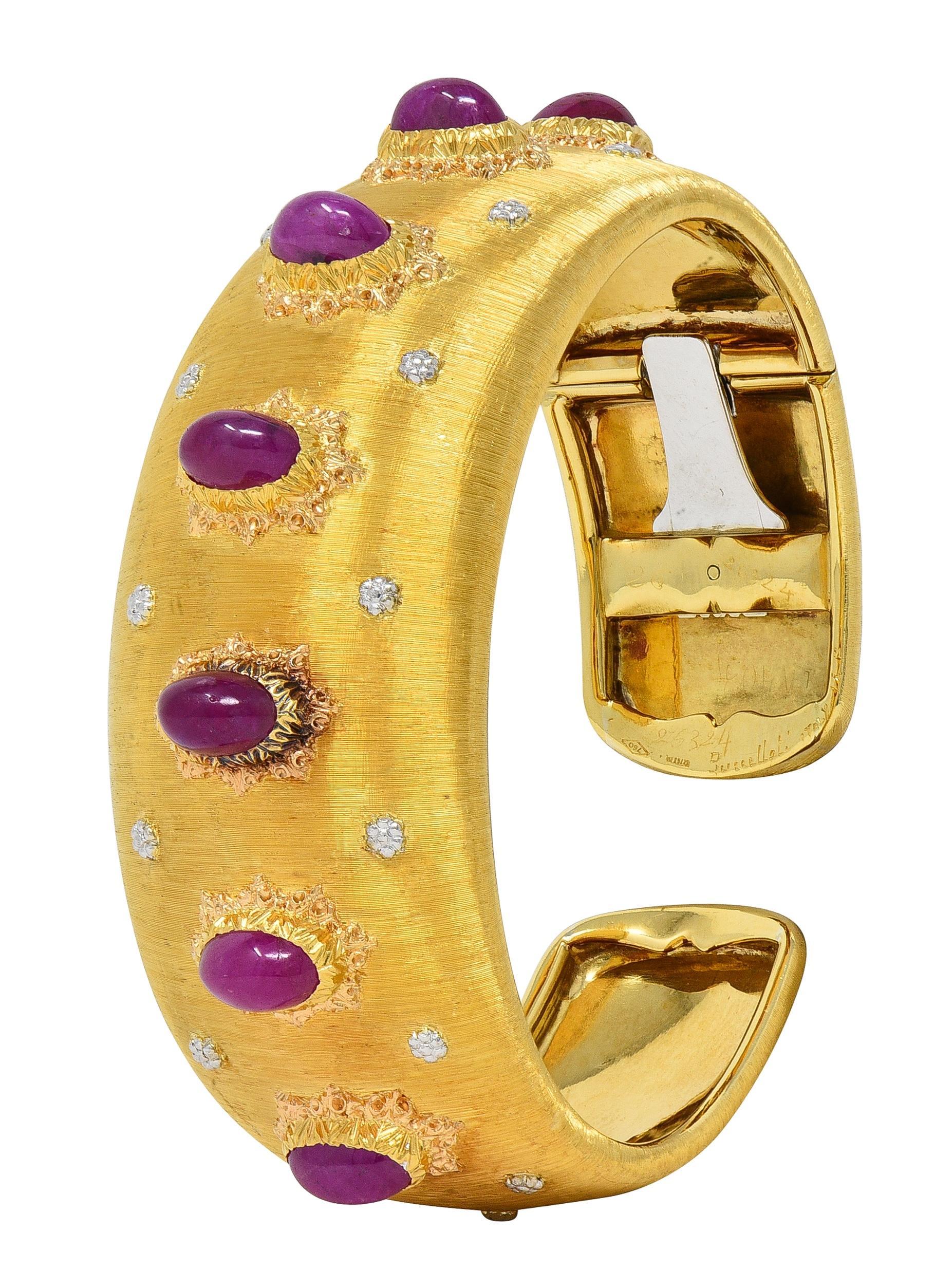 Buccellati 1980's Ruby 11.20 CTW 18K Two-Tone Gold Vintage Macri Cuff Bracelet In Excellent Condition For Sale In Philadelphia, PA