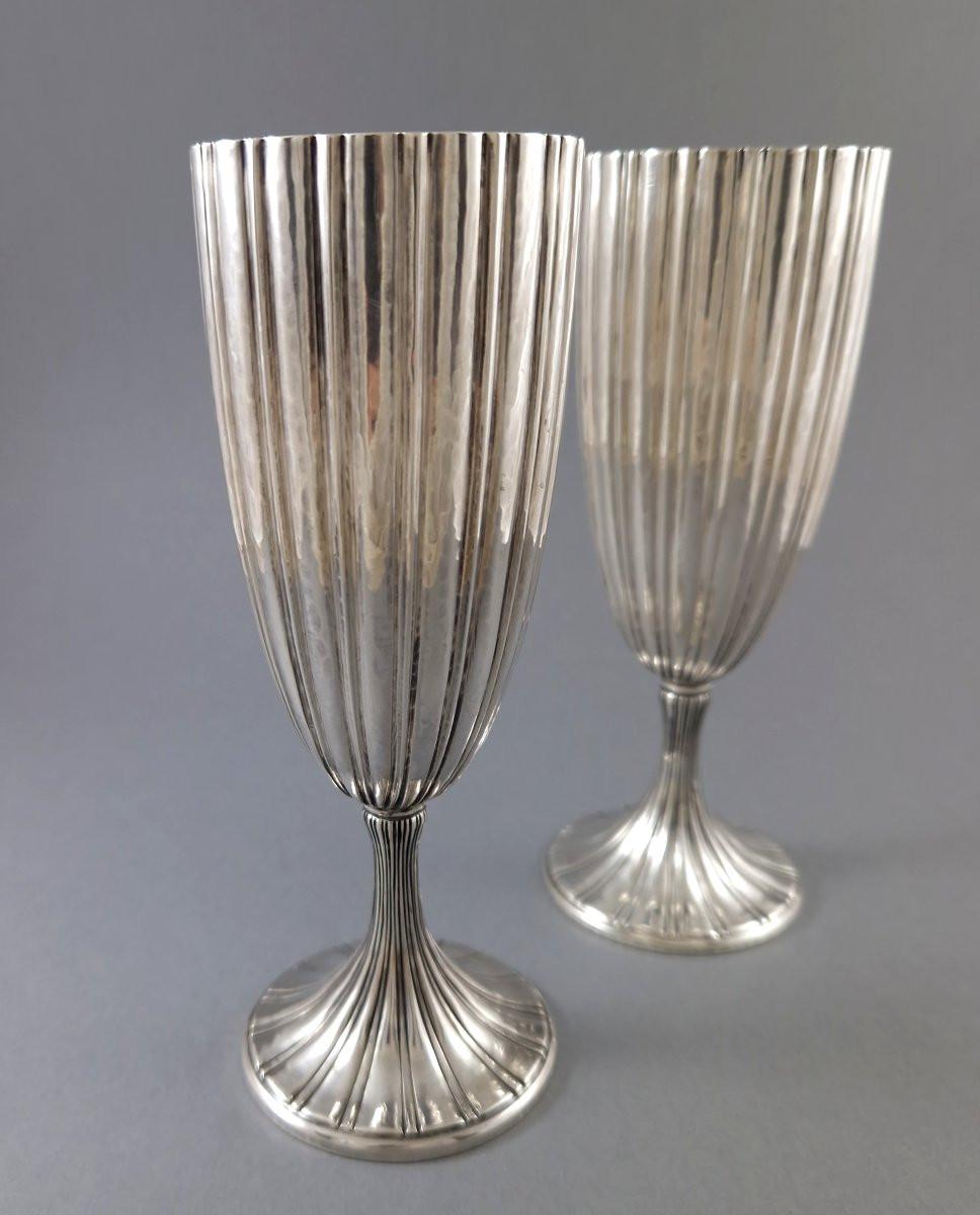 Buccellati - 2 flûtes à champagne en verre en argent Sterling Bon état - En vente à Saint-Ouen, FR