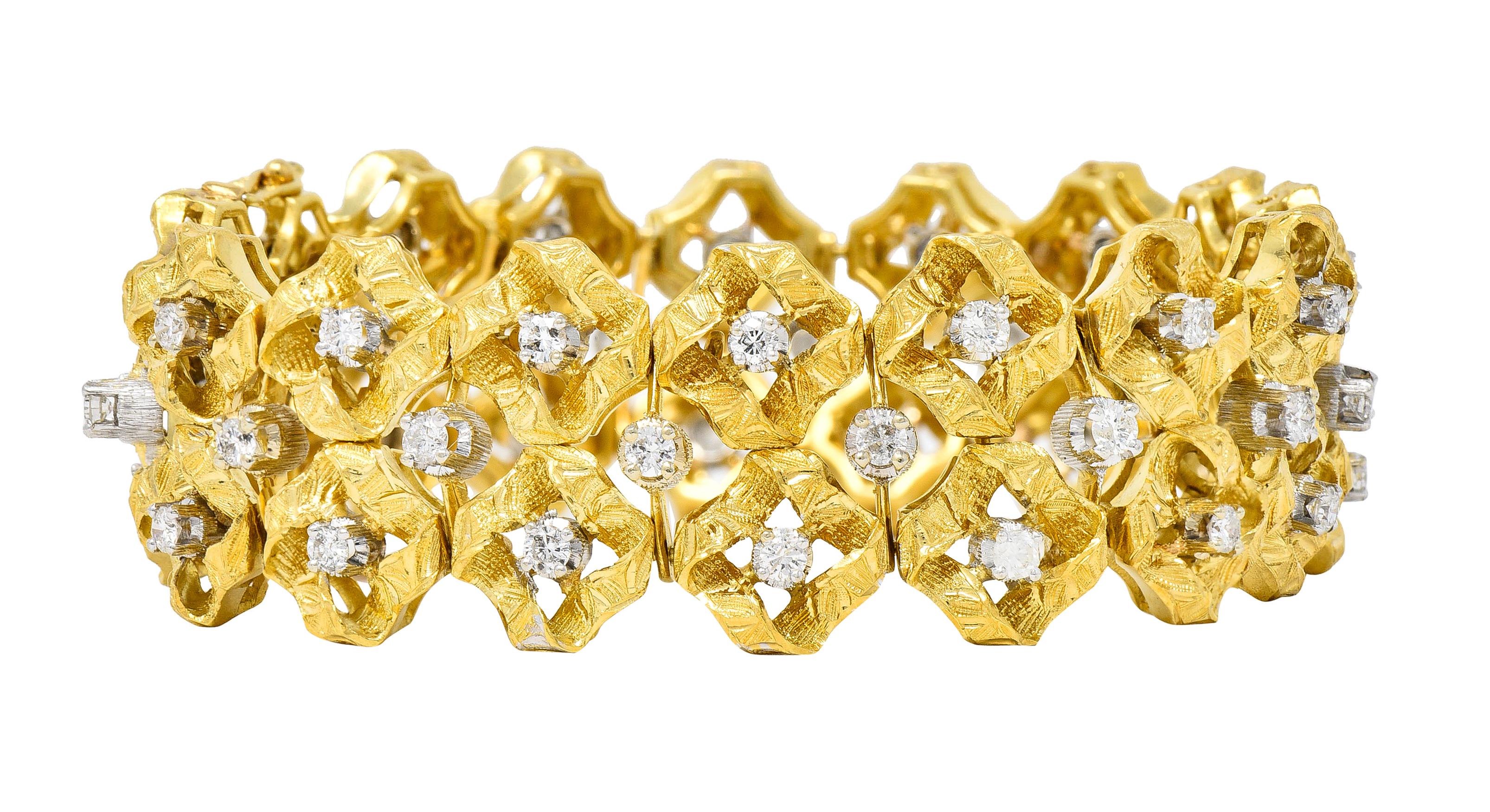 Brilliant Cut Buccellati 2.88 CTW Diamond 18 Karat Two-Tone Gold Vintage Wide Ribbon Bracelet For Sale