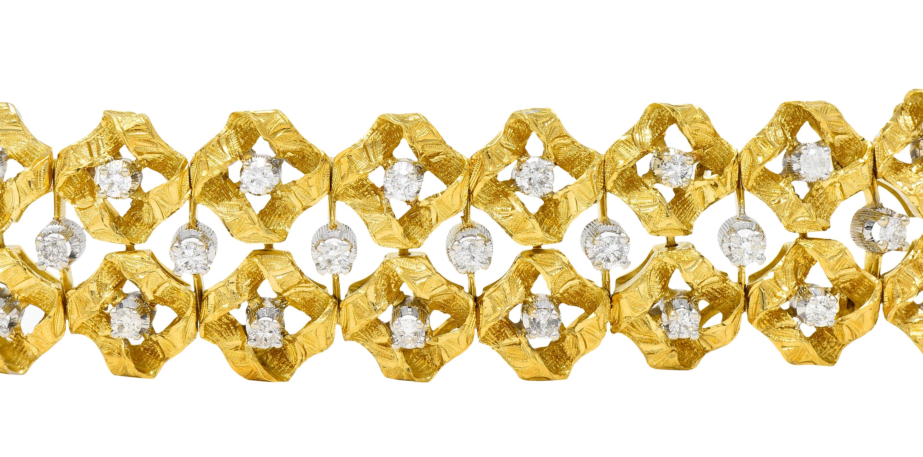 Women's Buccellati 2.88 CTW Diamond 18 Karat Two-Tone Gold Vintage Wide Ribbon Bracelet For Sale