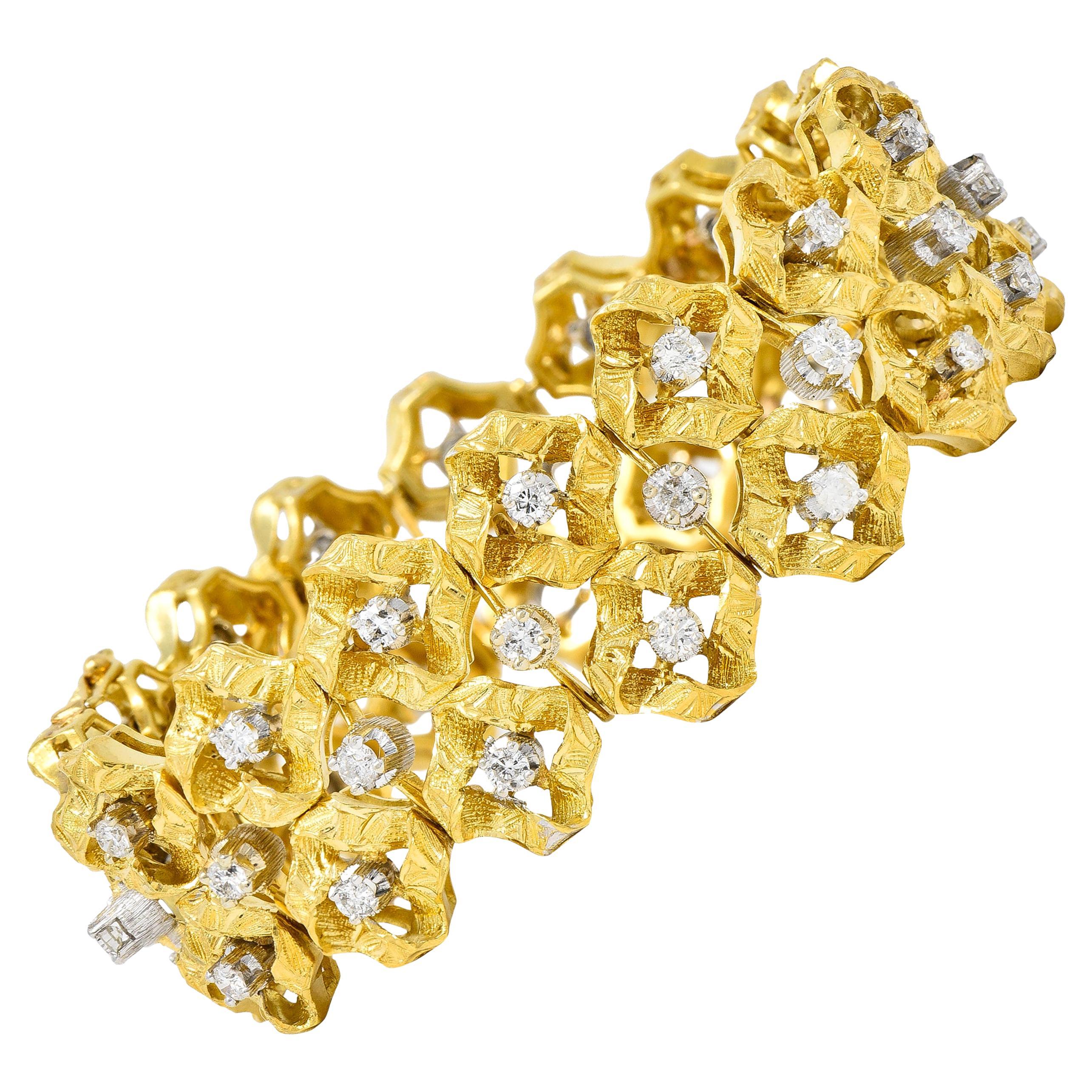 Buccellati 2.88 CTW Diamond 18 Karat Two-Tone Gold Vintage Wide Ribbon Bracelet For Sale