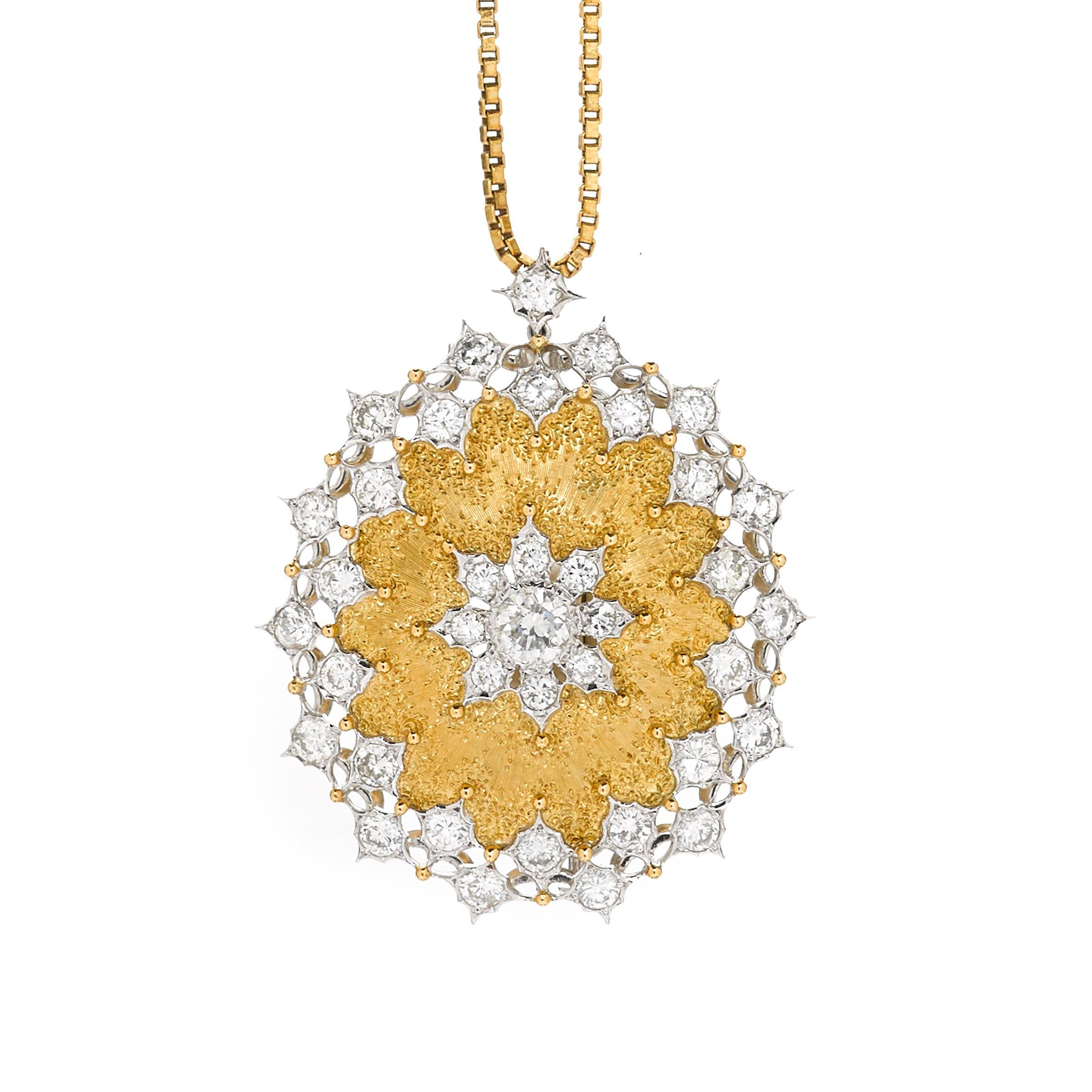 Design with a dual purpose Pendant or Brooch. 
Features 18k Yellow with White accents
Signed by Mario Buccellati.
Approximate Diamond Carat Total Weight: 3.80 ctw
Total Mass: 20.4 grams.
Necklace Length: 17 inches.
Featured in Bonhams California