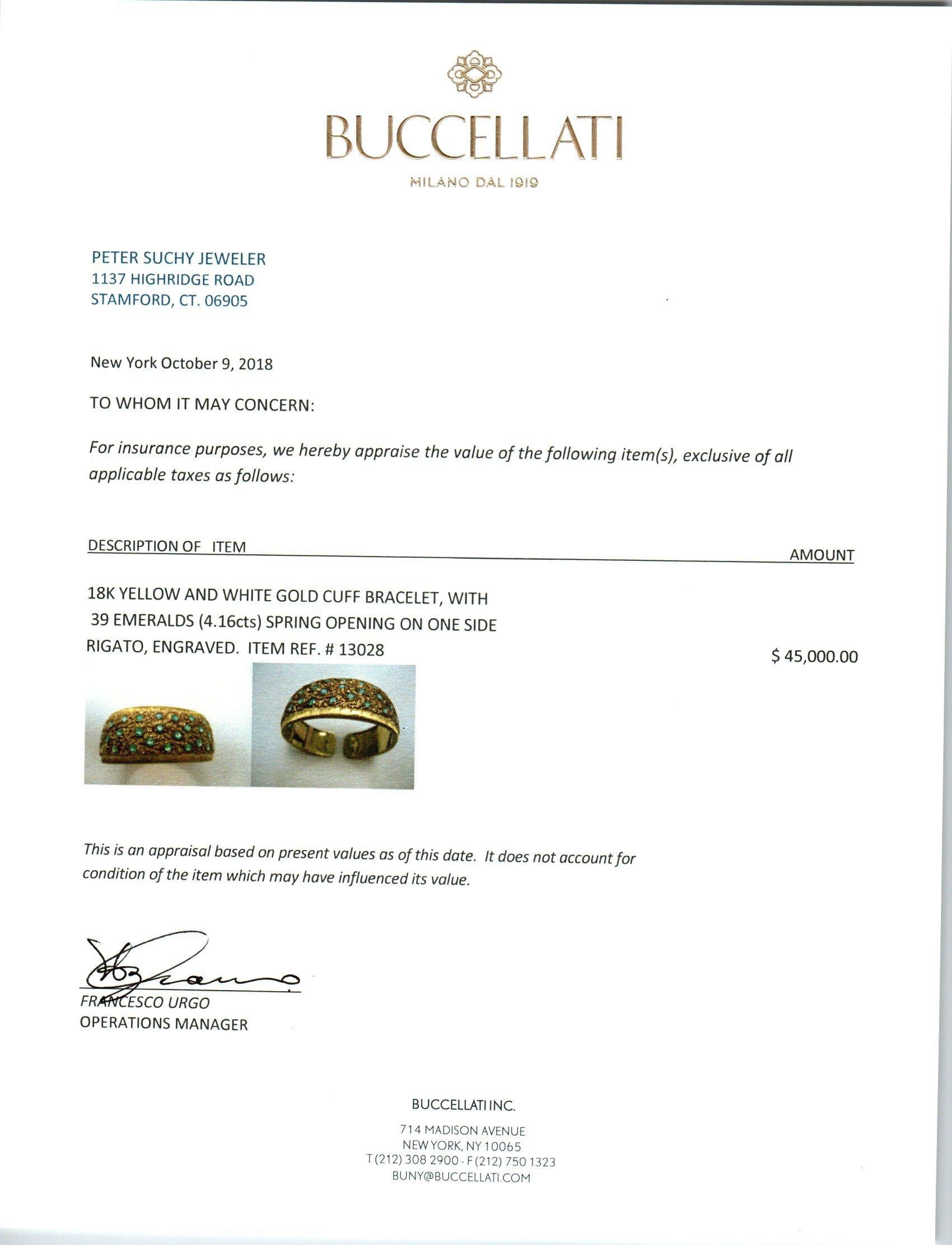Women's Buccellati 4.16 Carat Emerald Yellow Rose Gold Cuff Bracelet For Sale