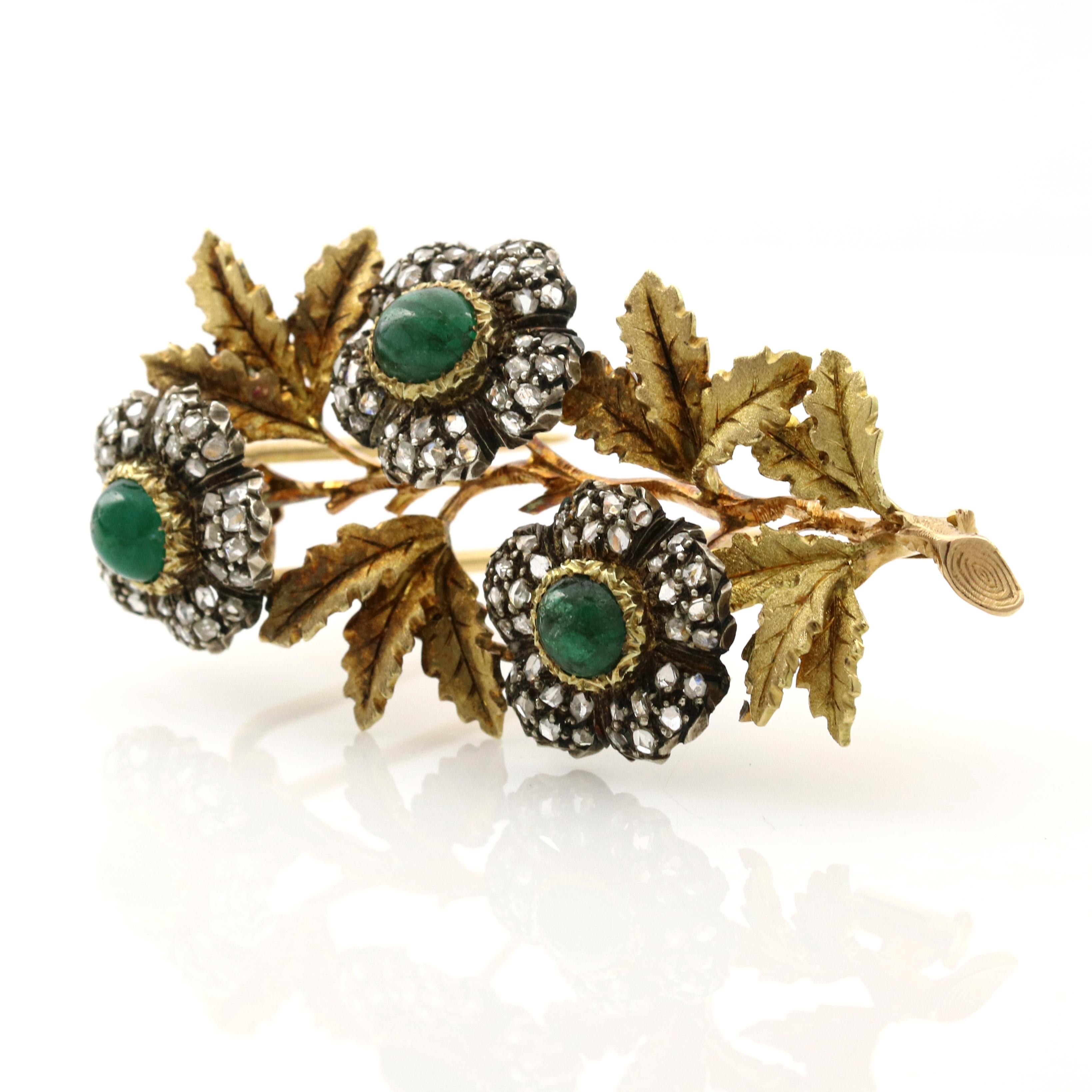Flower brooch by Buccellati in 18-karat yellow gold. The pin has 3 cabochon emeralds surrounded by 120 rose-cut natural diamonds. Appraisal by Buccellati in 2012 replacement value $37,800.

Emerald Total Carat Weight, 3.00 carats
Diamond Total Carat