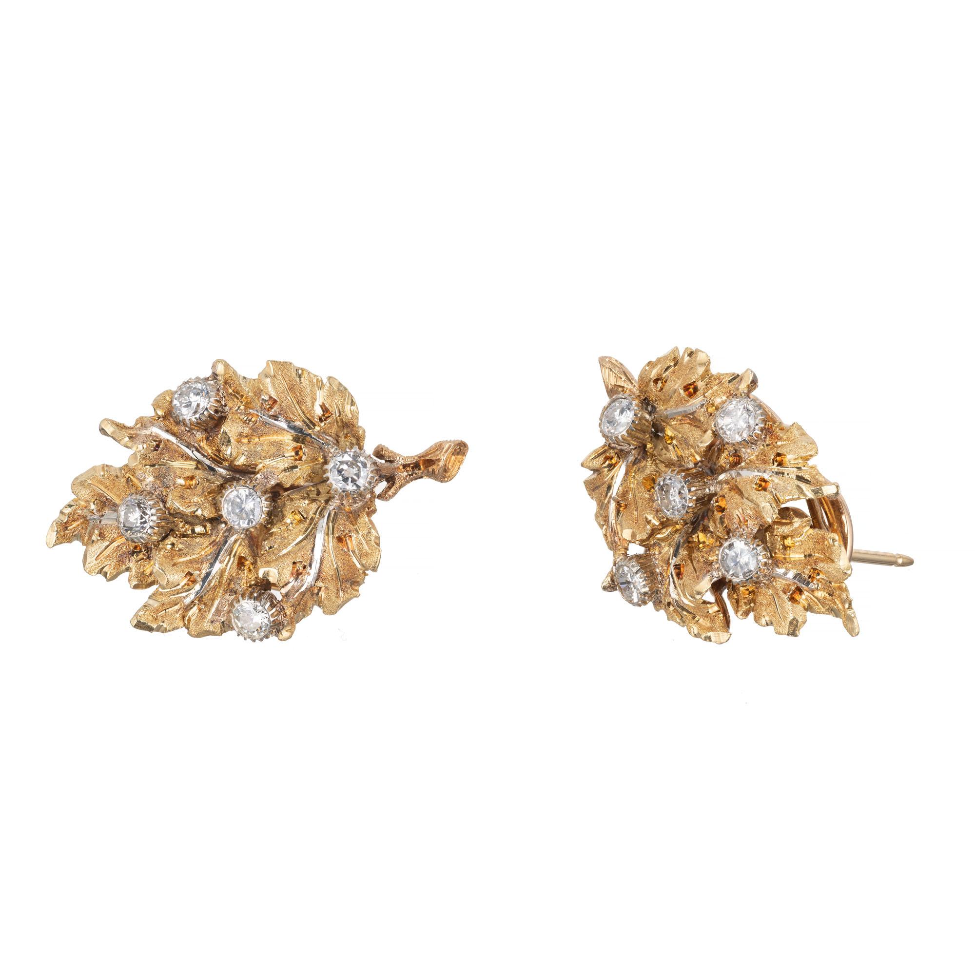 Buccellati .72 Carat Diamond Yellow White Gold Leaf Cluster Earrings