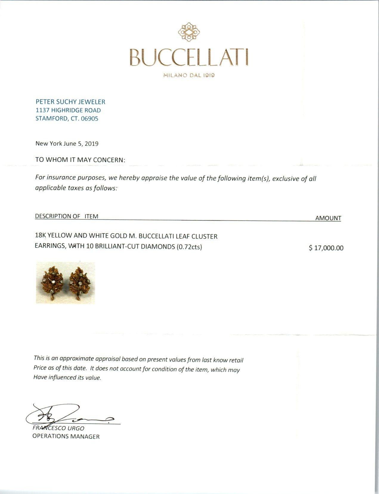Buccellati .72 Carat Diamond Yellow White Gold Leaf Cluster Earrings In Excellent Condition For Sale In Stamford, CT