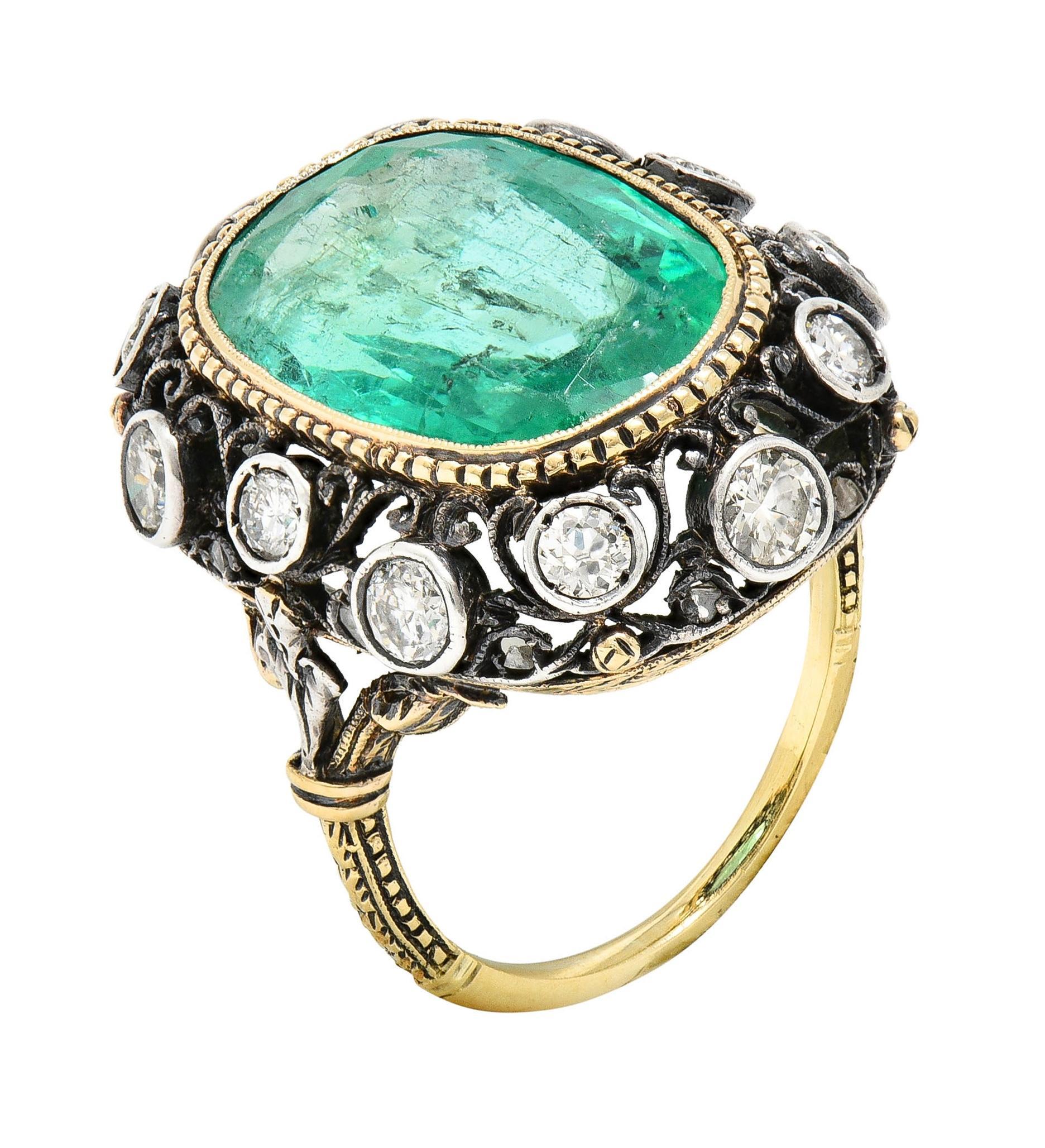 Buccellati 8,48 Karat Smaragd-Diamant-Ring aus 18 Karat Gold und Silber mit Blattwerk, Vintage im Angebot 6