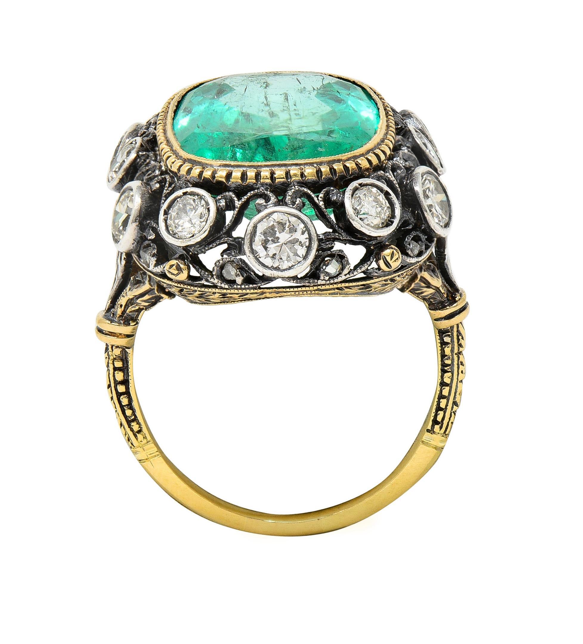 Buccellati 8.48 CTW Emerald Diamond 18 Karat Gold Silver Foliate Vintage Ring For Sale 6
