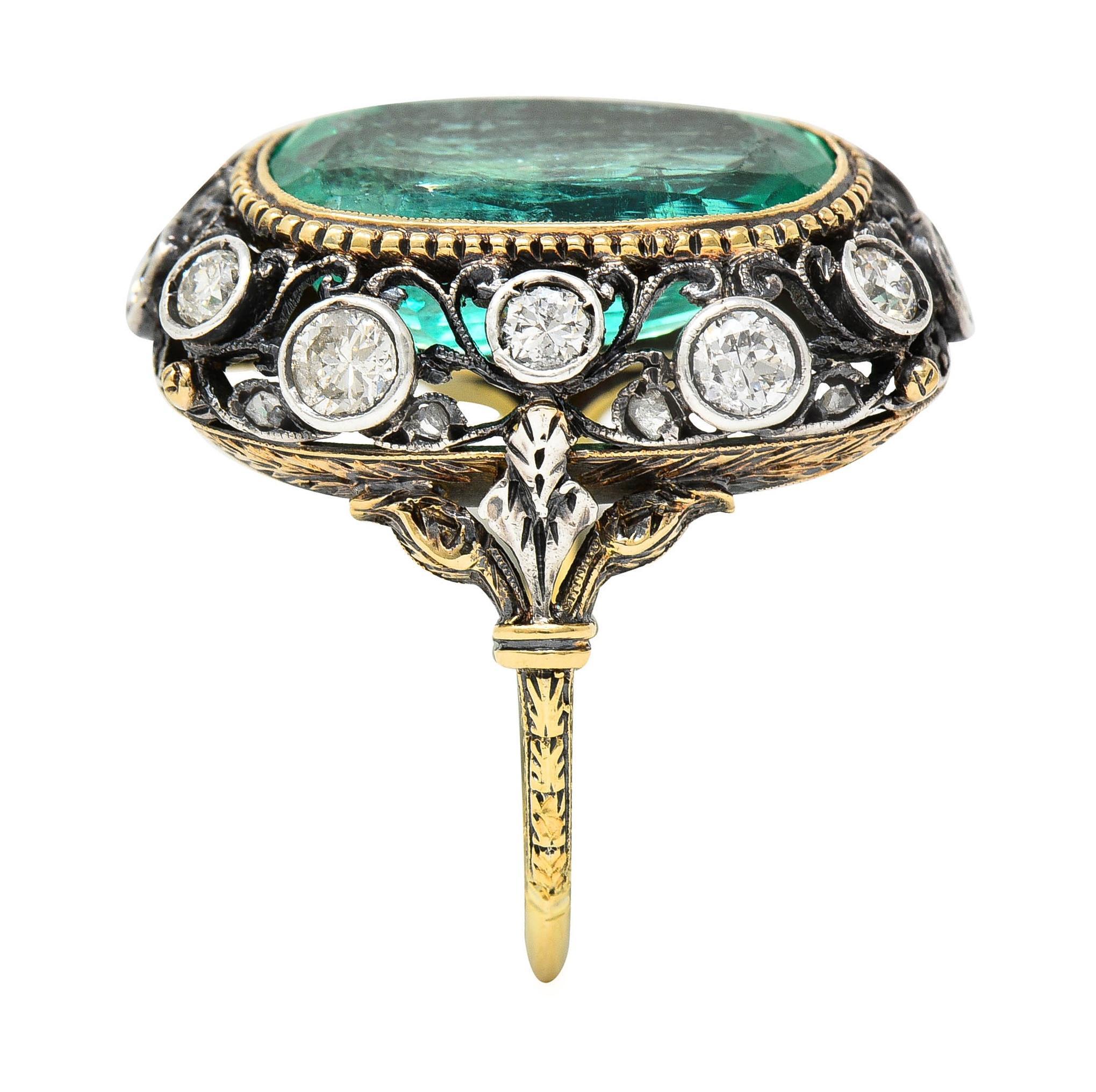Buccellati 8.48 CTW Emerald Diamond 18 Karat Gold Silver Foliate Vintage Ring For Sale 8