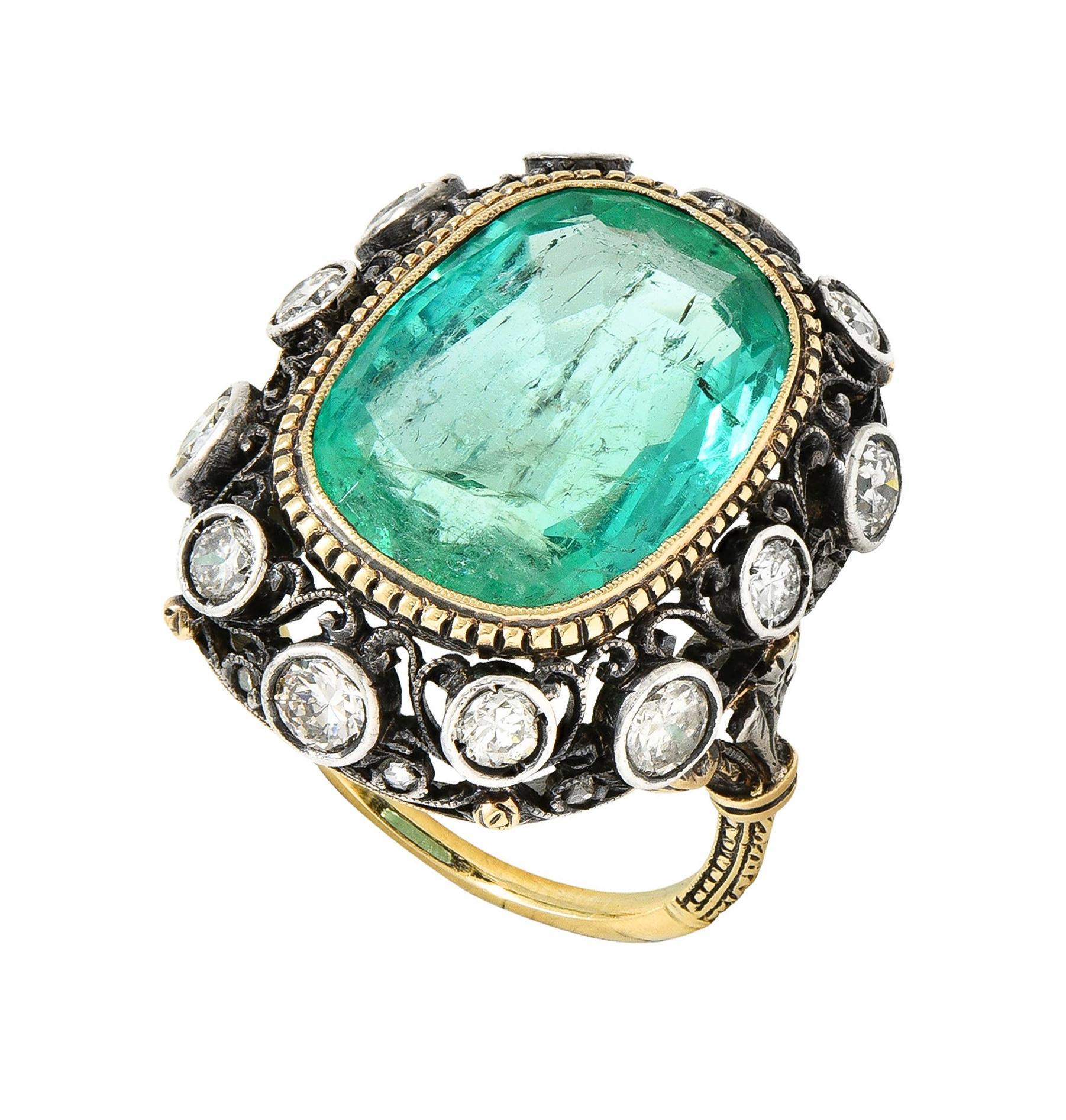 Buccellati 8.48 CTW Emerald Diamond 18 Karat Gold Silver Foliate Vintage Ring For Sale 9