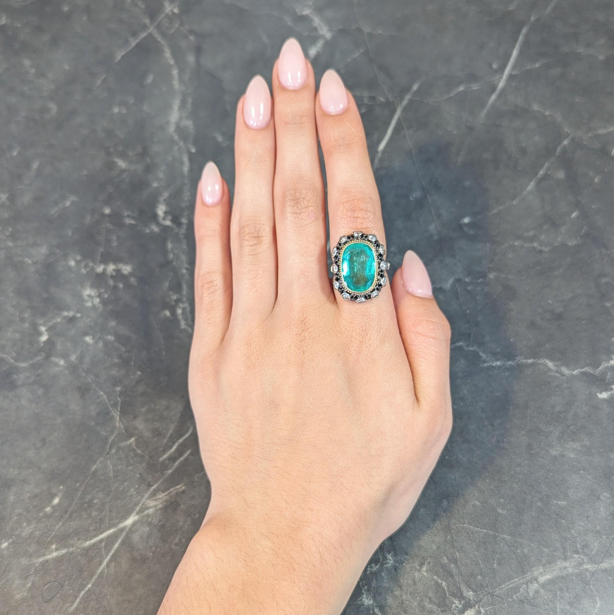 Buccellati 8,48 Karat Smaragd-Diamant-Ring aus 18 Karat Gold und Silber mit Blattwerk, Vintage im Zustand „Hervorragend“ im Angebot in Philadelphia, PA