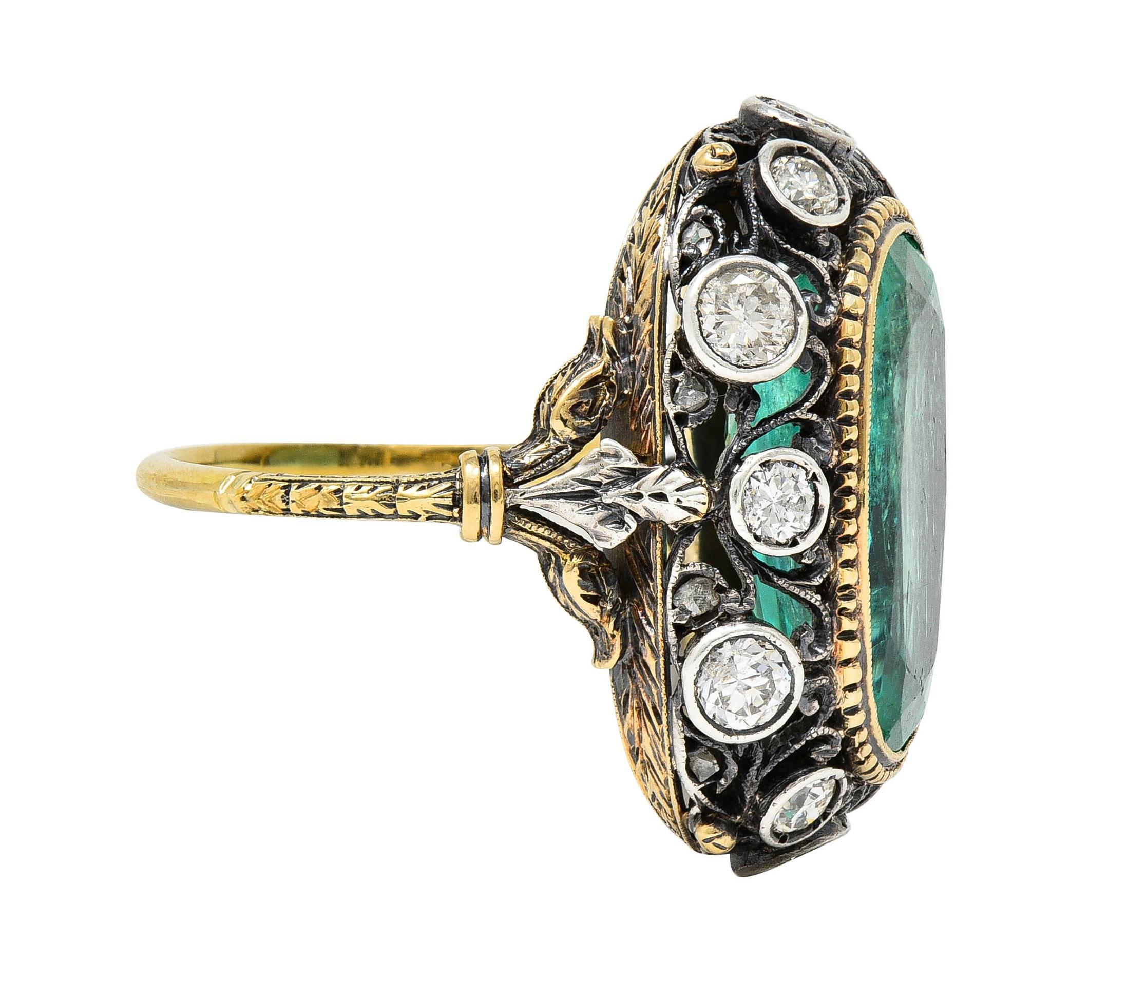 Buccellati 8.48 CTW Emerald Diamond 18 Karat Gold Silver Foliate Vintage Ring In Excellent Condition For Sale In Philadelphia, PA