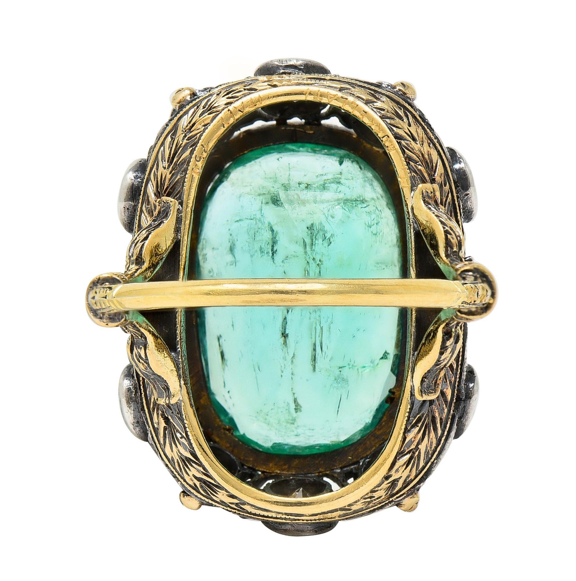 Women's or Men's Buccellati 8.48 CTW Emerald Diamond 18 Karat Gold Silver Foliate Vintage Ring For Sale