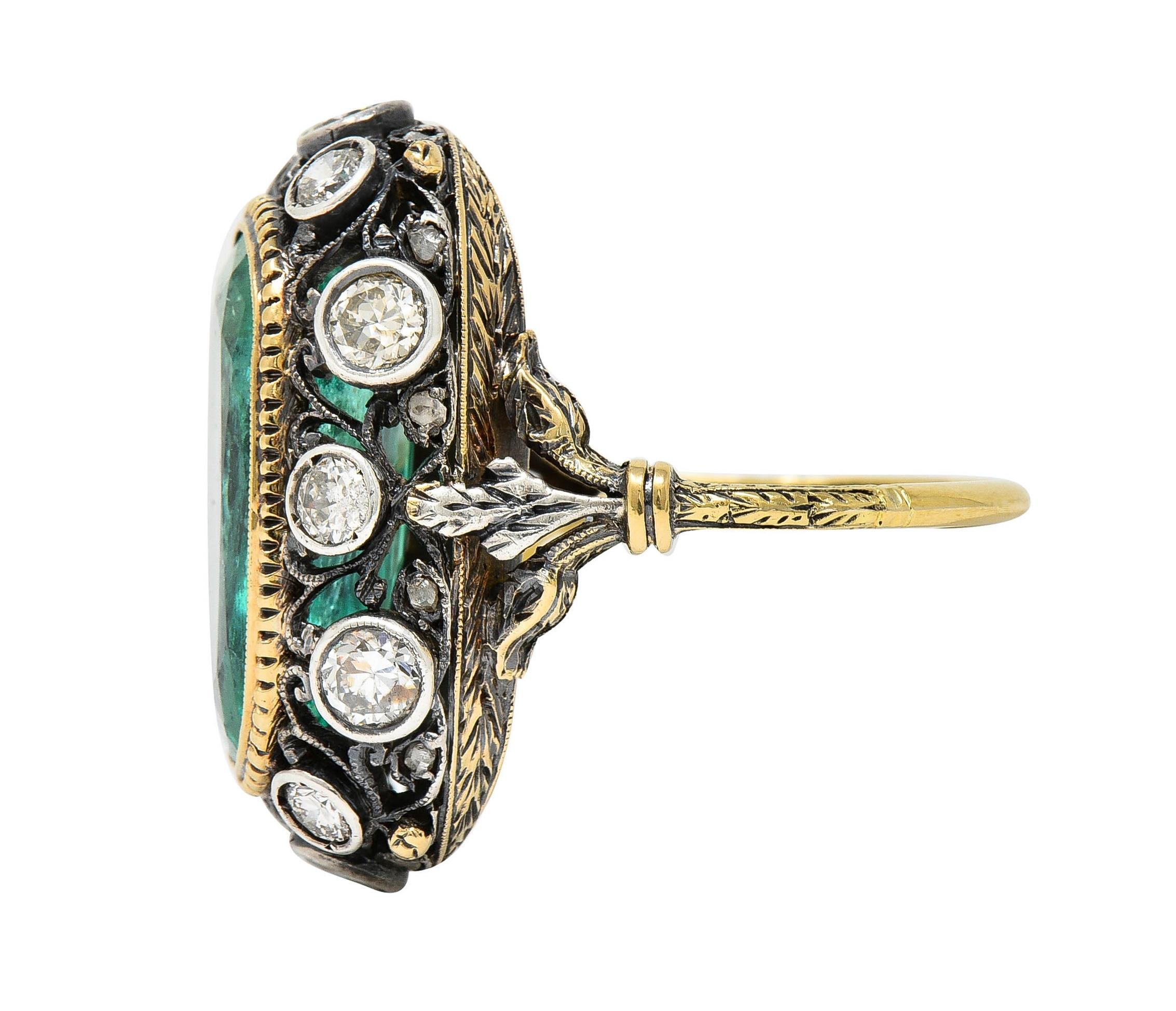 Buccellati 8.48 CTW Emerald Diamond 18 Karat Gold Silver Foliate Vintage Ring For Sale 2