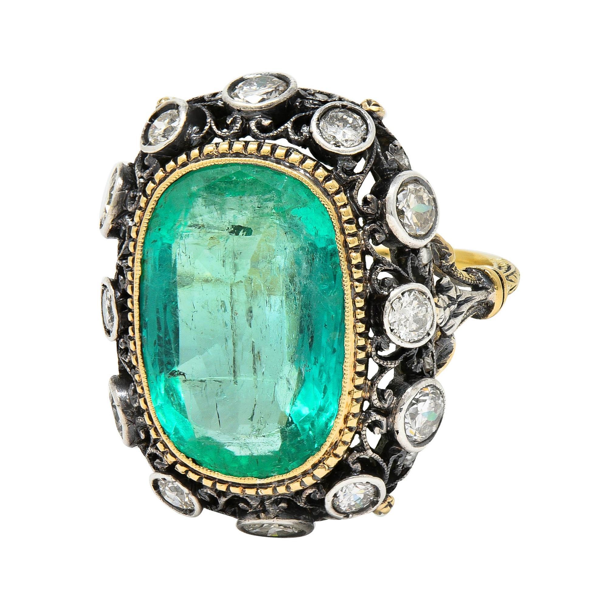 Buccellati 8.48 CTW Emerald Diamond 18 Karat Gold Silver Foliate Vintage Ring For Sale 2